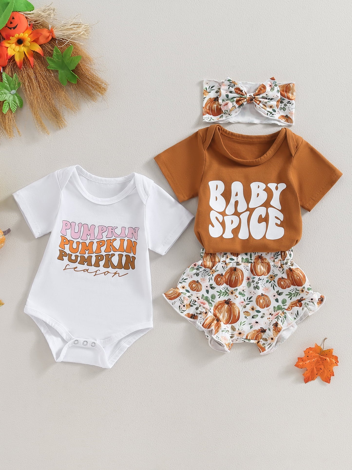 Canis 3-Piece Halloween Outfit for Baby Girls: Romper, Pumpkin Shorts, and Headband