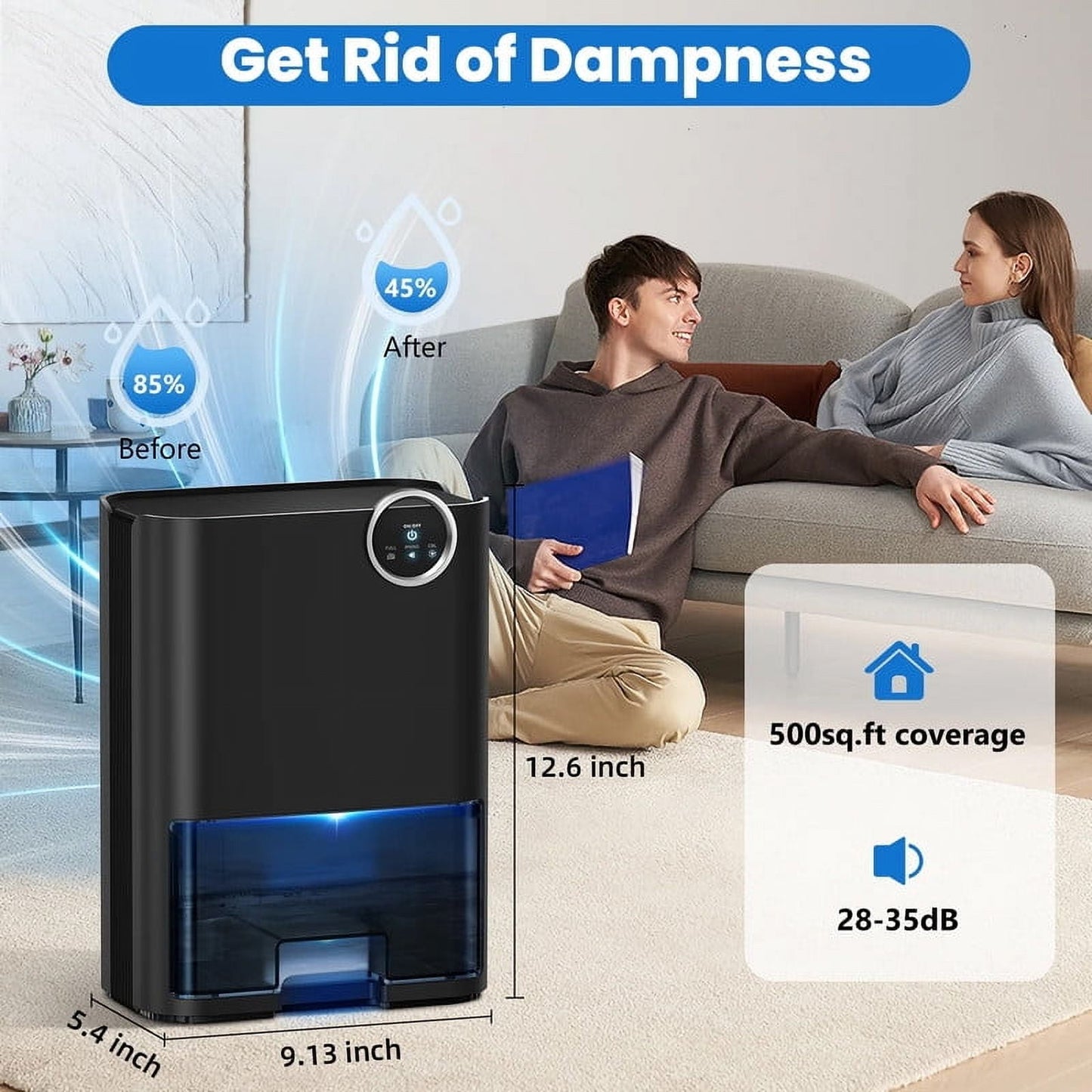 SZRSTH Dehumidifier for Home, 70 OZ Water Tank (500 sq ft) Auto Shut off Small Dehumidifiers for Bedroom Bathroom with 5 Colors LED Lights, Black