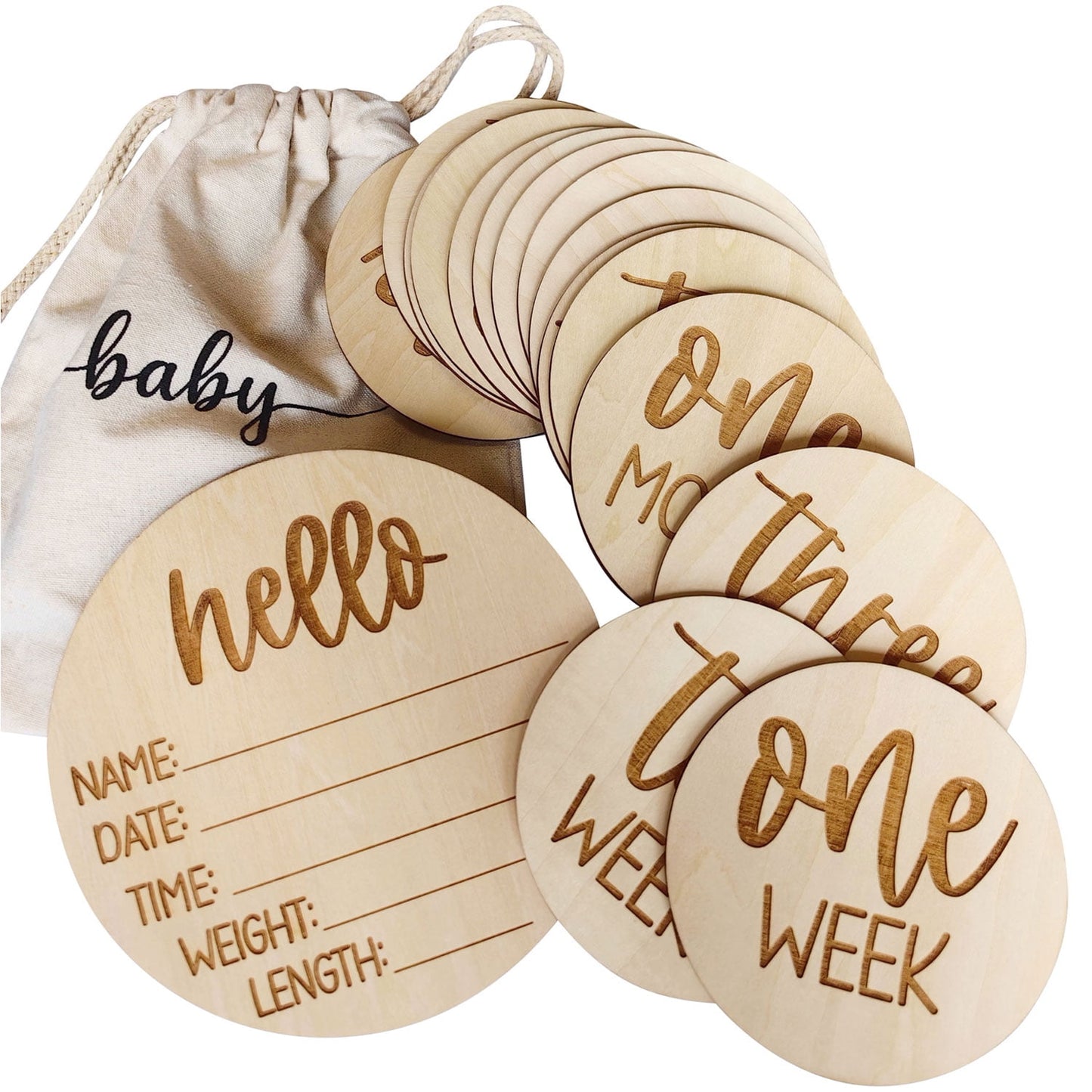 Monthly Baby Milestone Cards 16 Wooden Milestone Discs Includes Birth Announcement Sign Baby Shower/Gift Set, Baby Monthly Milestone Props Perfect for Newborn to Age 1 | Baby Shower/Gift Set