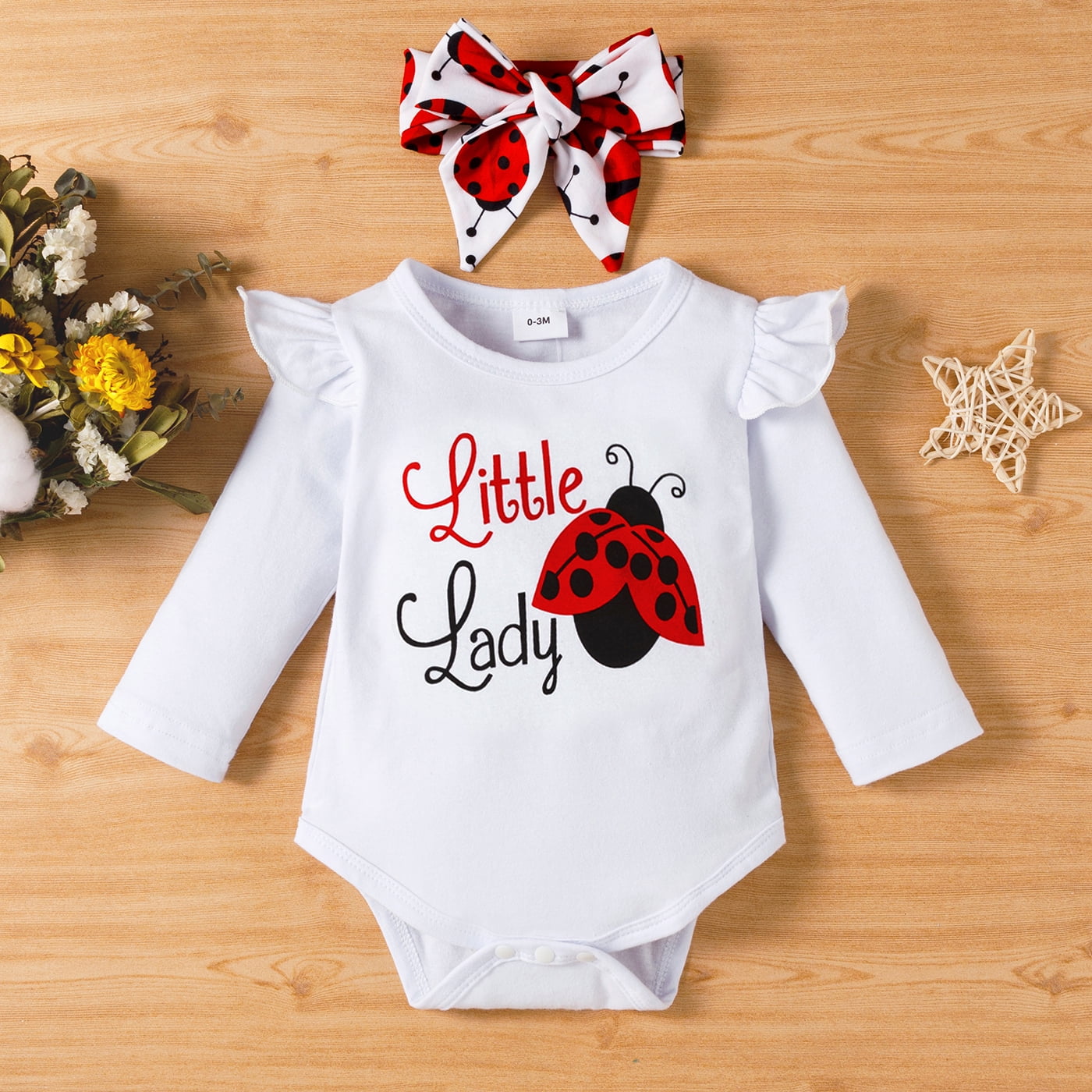 PatPat 3pcs Baby Girl Ladybug Long Sleeve Romper and Bowknot Trousers Set,Fall Clothes Newborn Outfit,0-18 Month