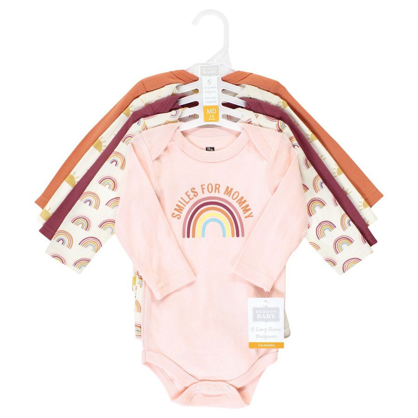 Hudson Baby Infant Girl Cotton Long-Sleeve Bodysuits, Sunshine Rainbows 5-Pack, 9-12 Months