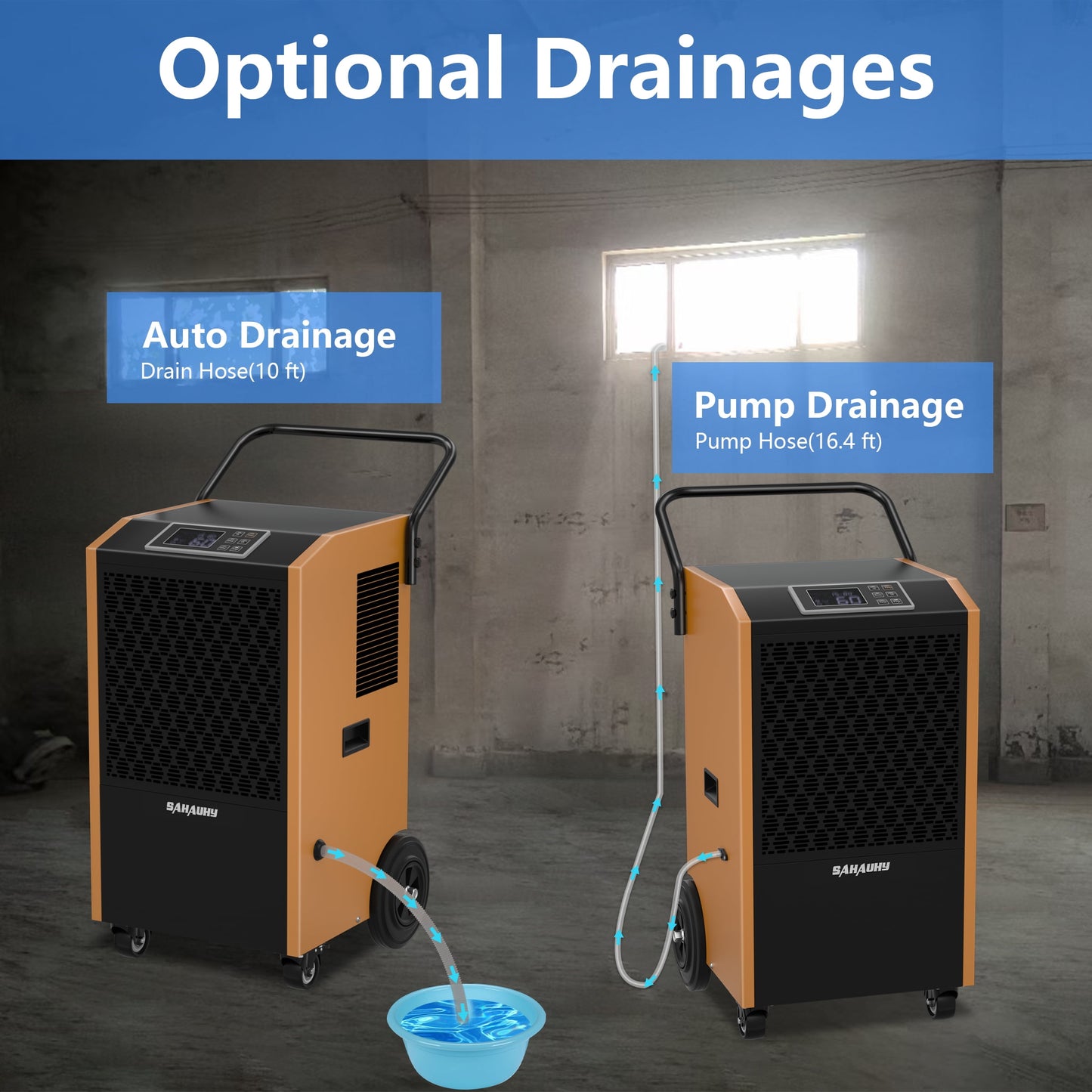 SAHAUHY 250 Pints Commercial Dehumidifier with Pump and Drain Hose for Basements and Large Spaces up to 8,800 Sq Ft,5 Years Warranty