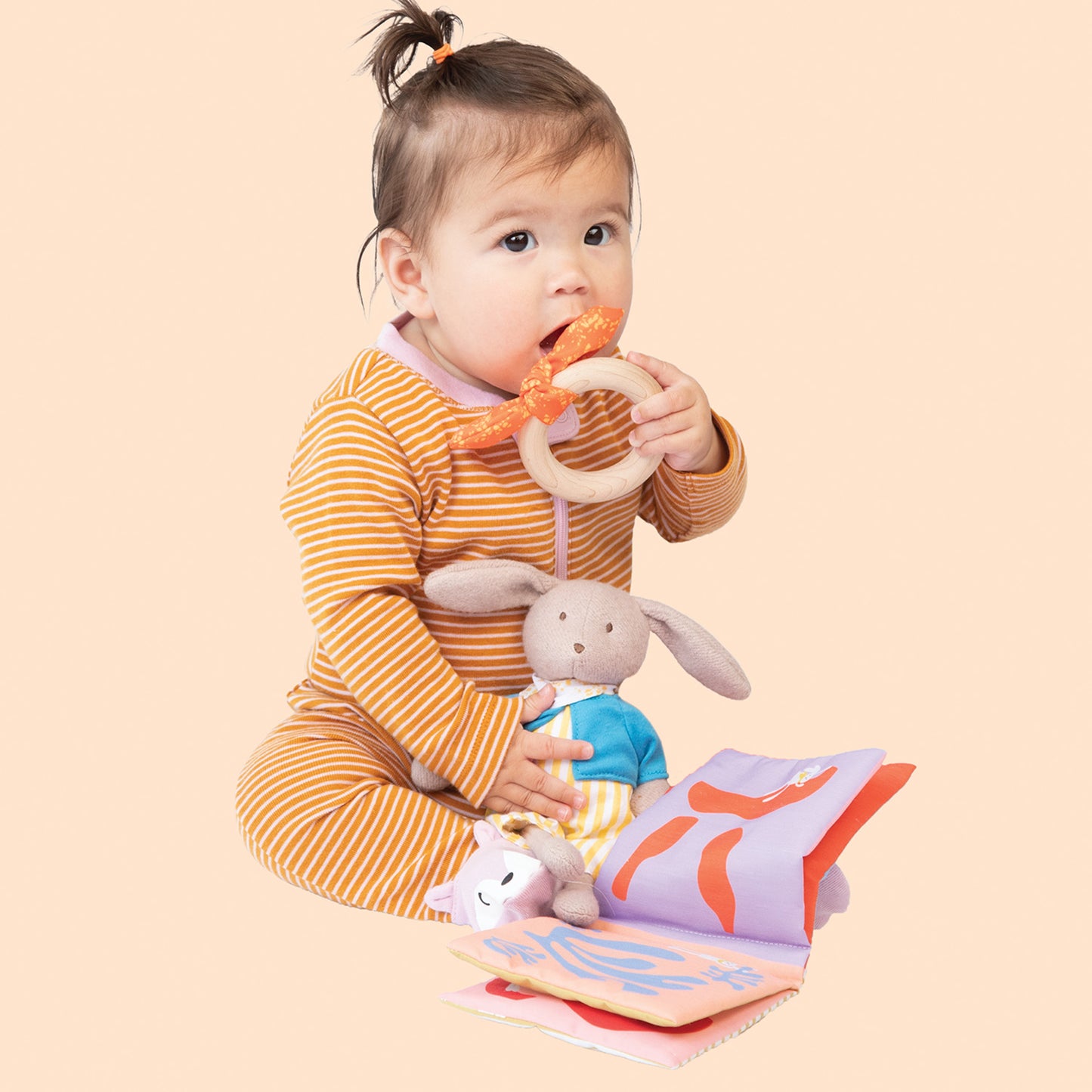 Manhattan Toy Petit Artiste Bunny Doll, Soft Book, & Wooden Teether Baby Soothing Gift Set