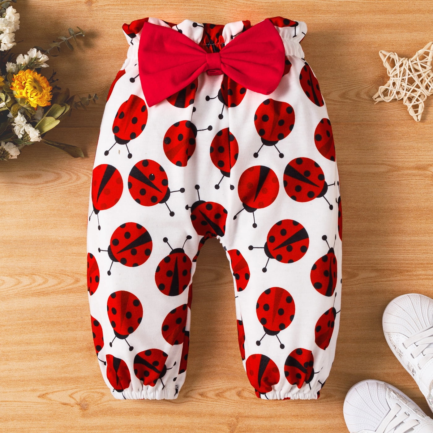 PatPat 3pcs Baby Girl Ladybug Long Sleeve Romper and Bowknot Trousers Set,Fall Clothes Newborn Outfit,0-18 Month