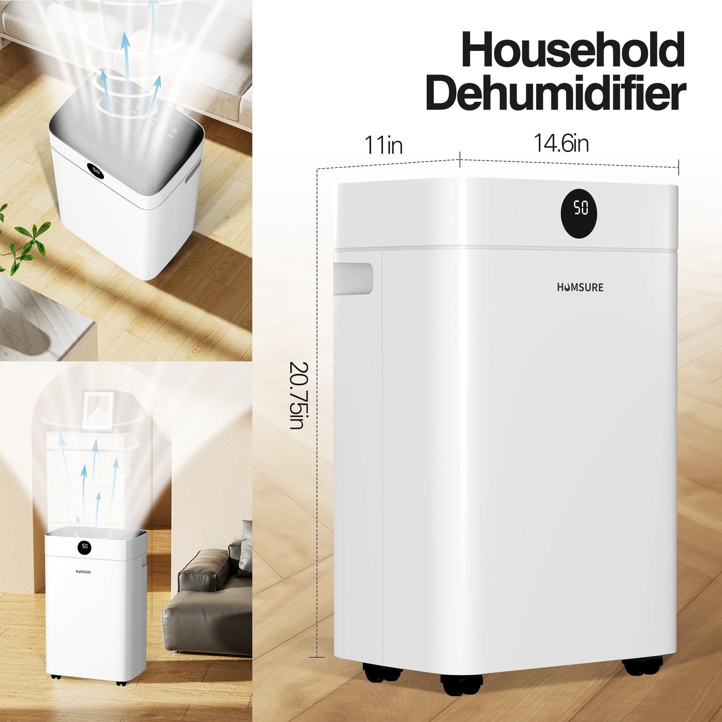 HUMSURE Dehumidifier (DOE Rating 12 pints/day) 50 Pint Max for Basements with Drain Hose, 3,500 Sq. ft. Dehumidifier for Large Home Bathroom and Bedroom