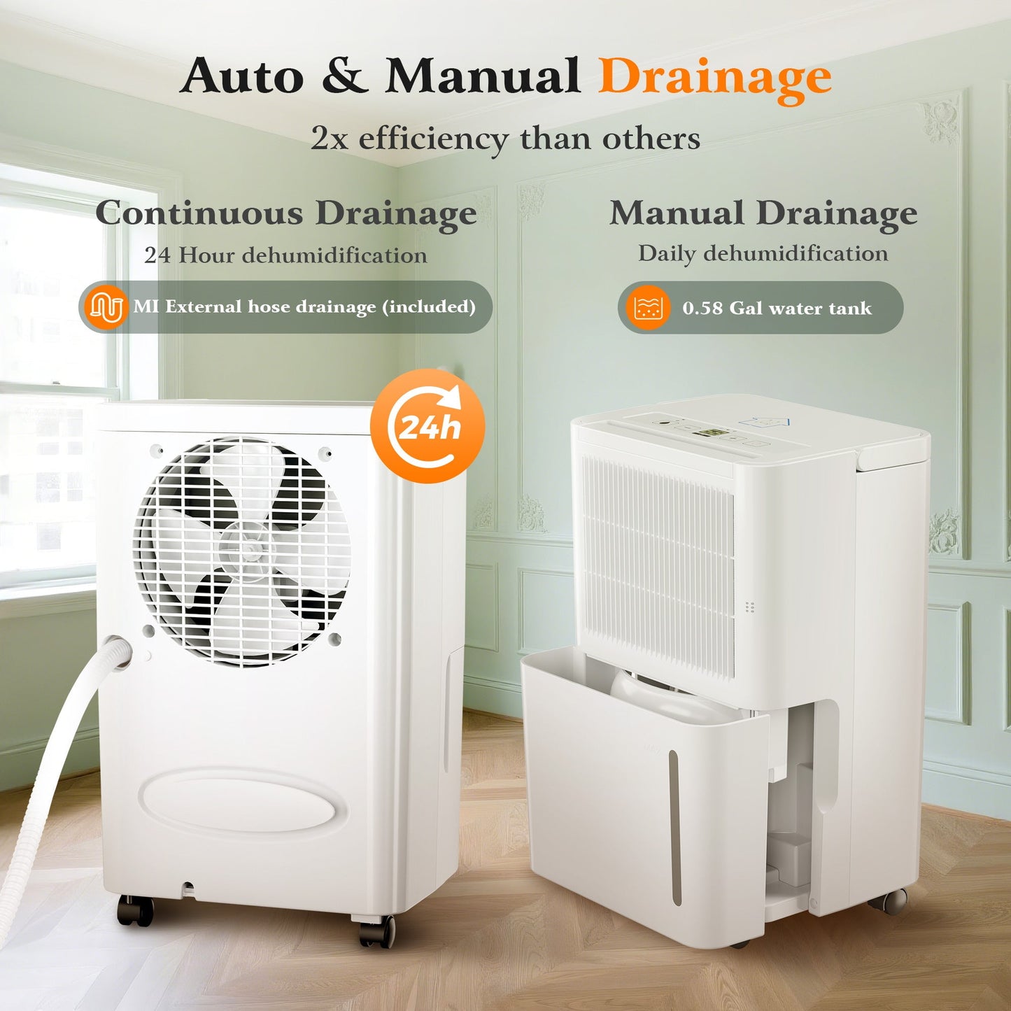 MF Studio 8 Pints Dehumidifier for 2500 Sq. Ft Home Basement with Drain Hose, 0.58 Gal Water Tank, Overflow Protection, Auto Defrost & Drain, White