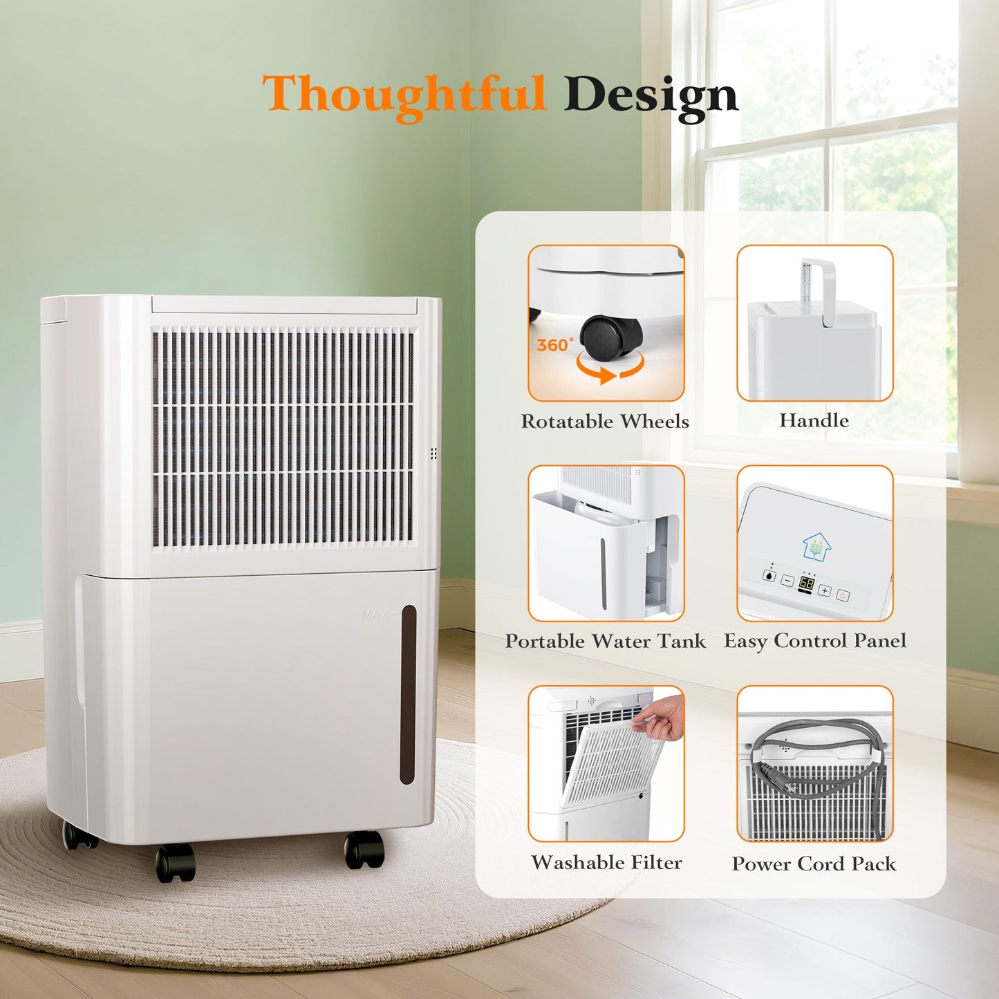 MF Studio 8 Pints Dehumidifier for 2500 Sq. Ft Home Basement with Drain Hose, 0.58 Gal Water Tank, Overflow Protection, Auto Defrost & Drain, White