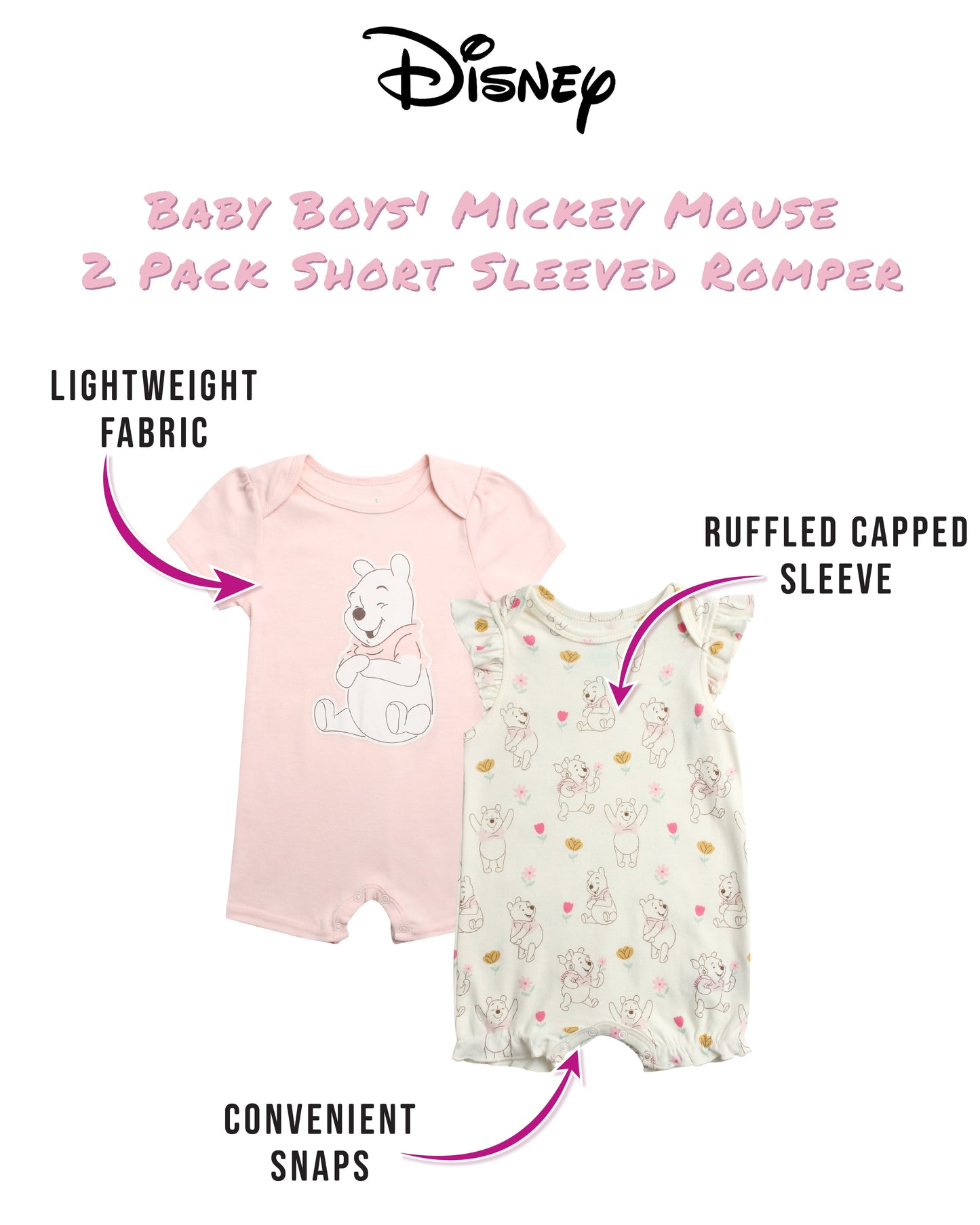 Disney Baby Girls Romper - 2 Pack Minnie Mouse Pooh Little Mermaid Short Sleeve Bodysuit (Newborn/Infant)