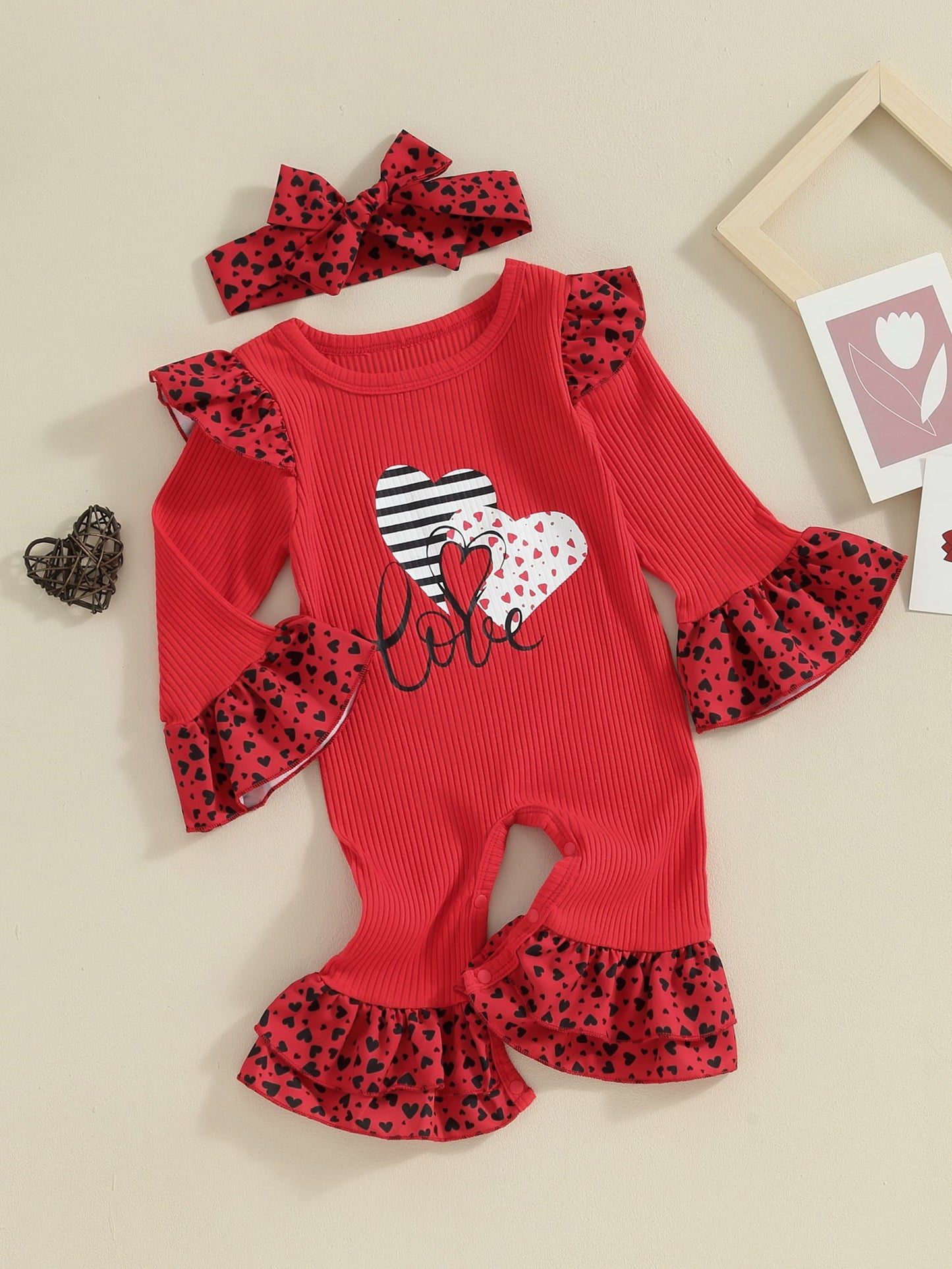 Suealasg Baby Girls Valentine’s Day Jumpsuit 3M 6M 9M 12M 18M Toddler Girls Spring One Piece Bodysuits Infant Girls Long Sleeve Round Neck Heart Print Romper Headband