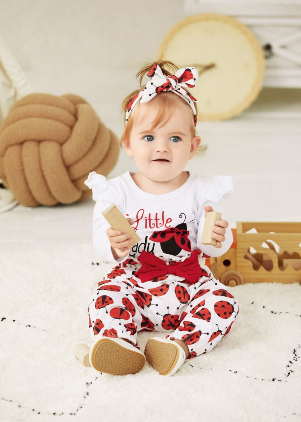 PatPat 3pcs Baby Girl Ladybug Long Sleeve Romper and Bowknot Trousers Set,Fall Clothes Newborn Outfit,0-18 Month