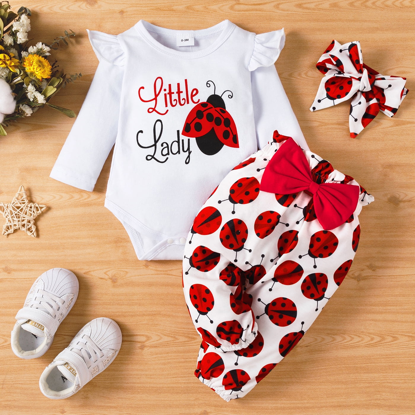 PatPat 3pcs Baby Girl Ladybug Long Sleeve Romper and Bowknot Trousers Set,Fall Clothes Newborn Outfit,0-18 Month