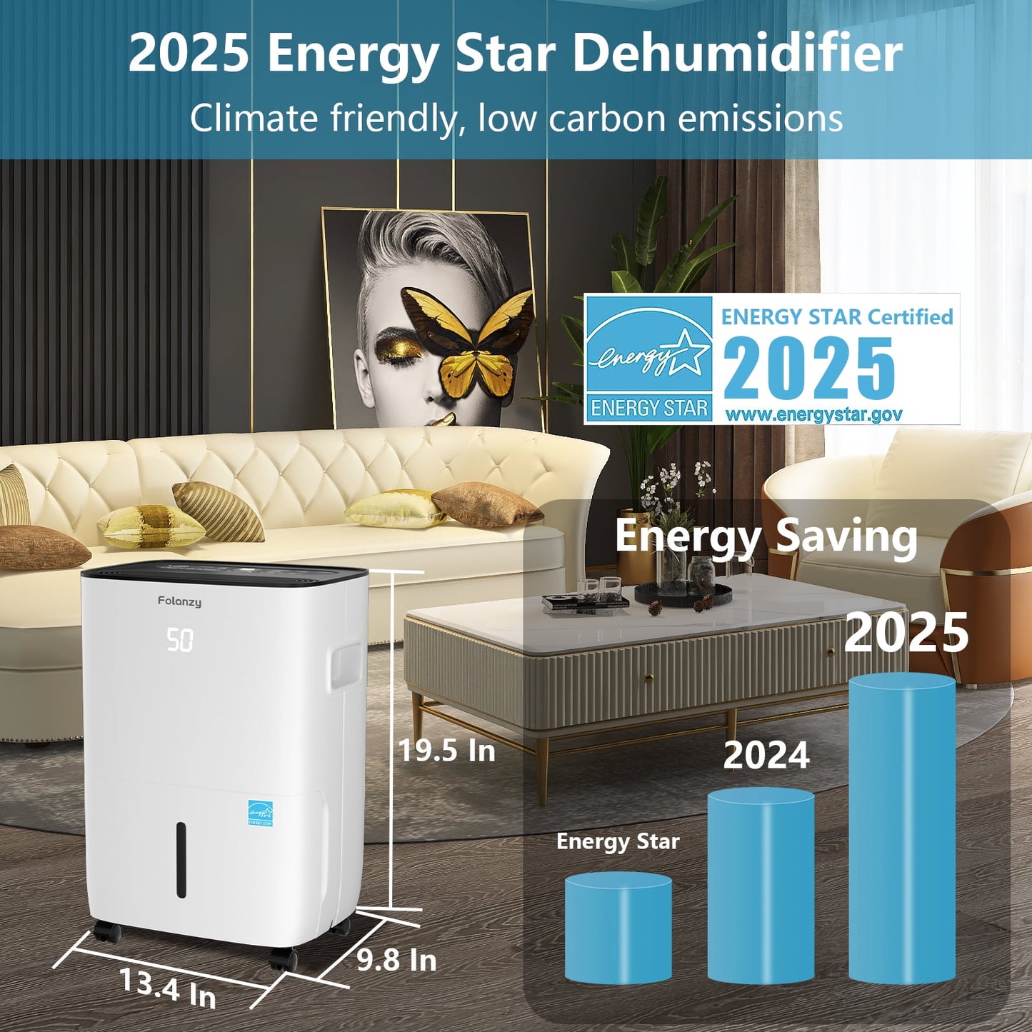 Folanzy 120 Pints Smart ENERGY STAR Dehumidifier for Home Basement Large Room Spaces up to 6,200 Sq. Ft with Drain Hose and Water Tank