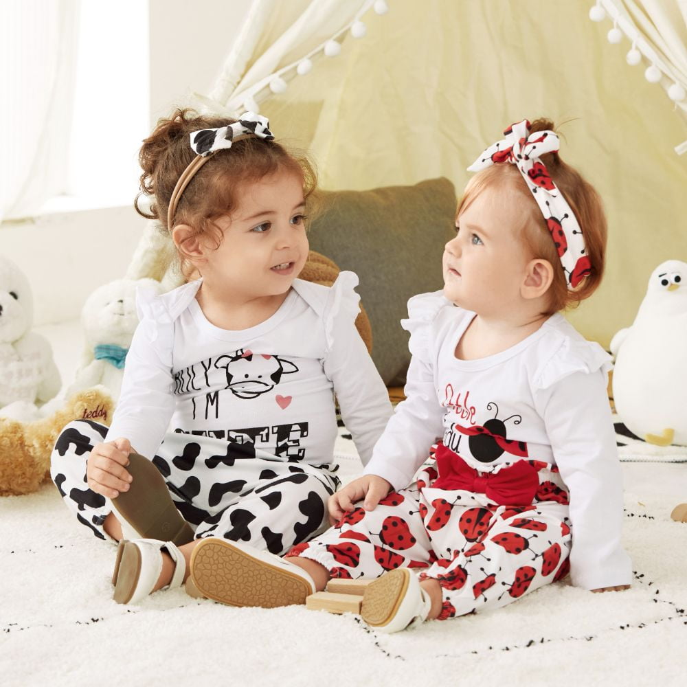 PatPat 3pcs Baby Girl Ladybug Long Sleeve Romper and Bowknot Trousers Set,Fall Clothes Newborn Outfit,0-18 Month
