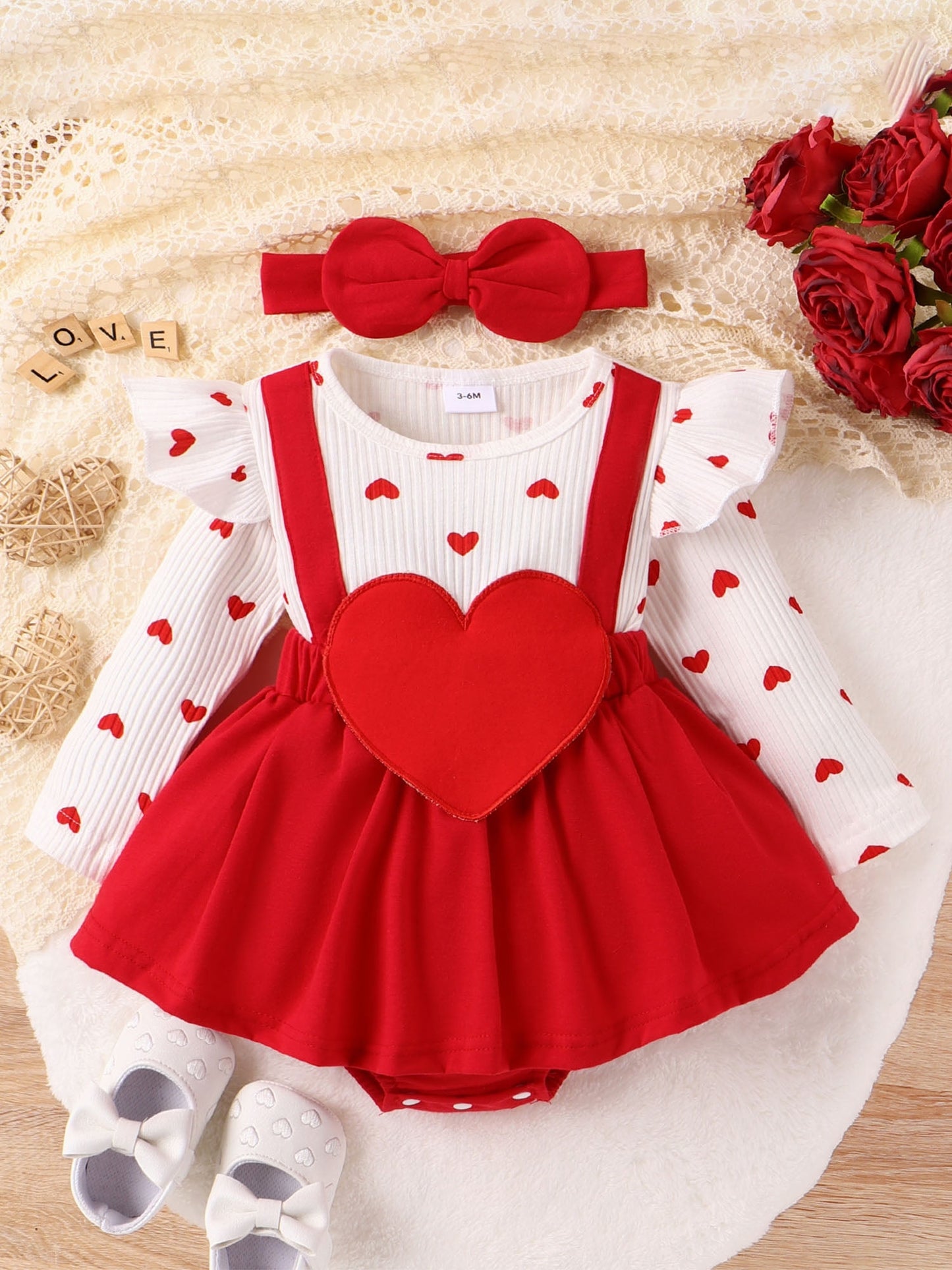Bslissey 3M 6M 9M 12M 18M Baby Girls Valentine's Day Romper Dress Heart Letter Print Ruffles Long Sleeve Patchwork Jumpsuit with Headband for Newborn Infant Clothes