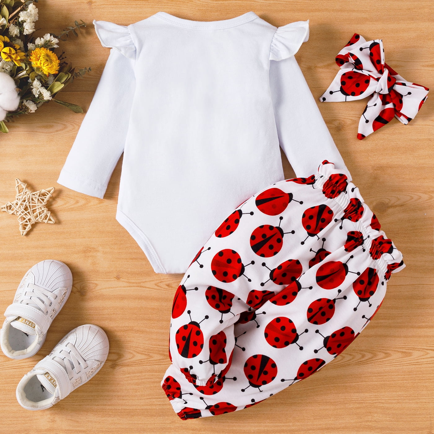 PatPat 3pcs Baby Girl Ladybug Long Sleeve Romper and Bowknot Trousers Set,Fall Clothes Newborn Outfit,0-18 Month
