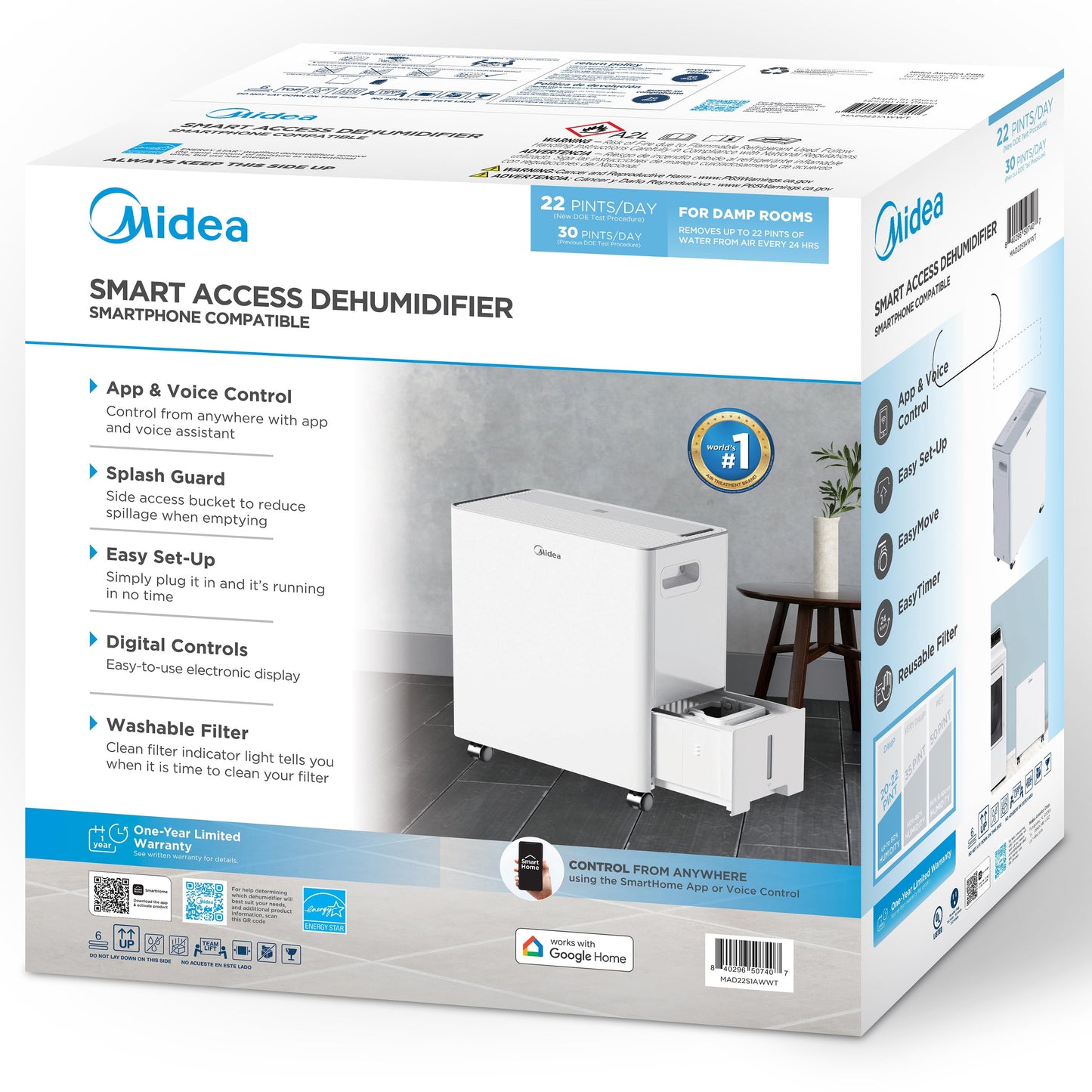 Midea 22 Pt. Smart Dehumidifier, App & Voice Control, Covers 1,500 Sq. ft. NEW MAD22S1AWWT