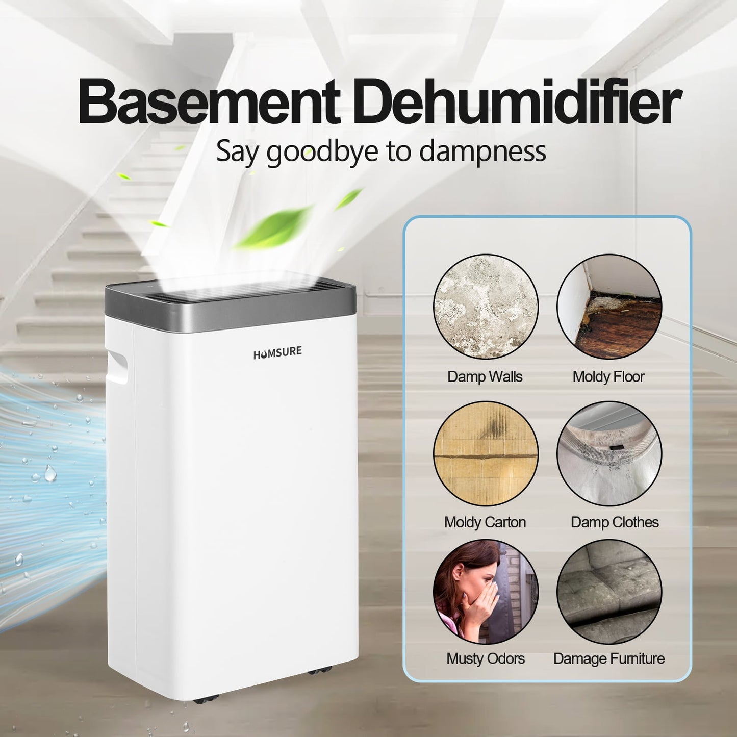 HUMSURE Dehumidifier (DOE Rating 8 pints/day) 30 Pints Max Protable Dehumidifier for Basement and Home with Drain Hose Spaces up to 1500 Sq. ft. 24-Hour Timer