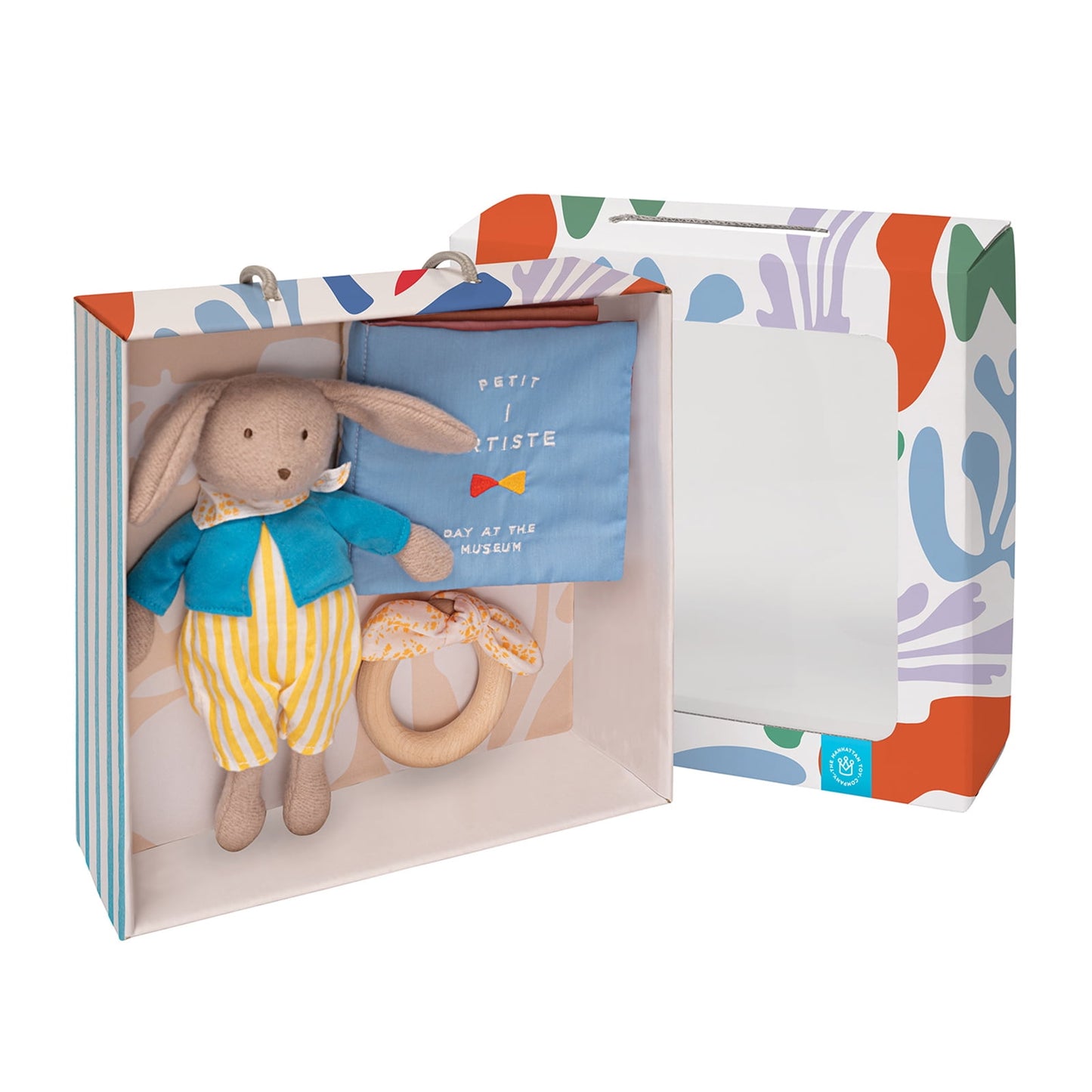 Manhattan Toy Petit Artiste Bunny Doll, Soft Book, & Wooden Teether Baby Soothing Gift Set