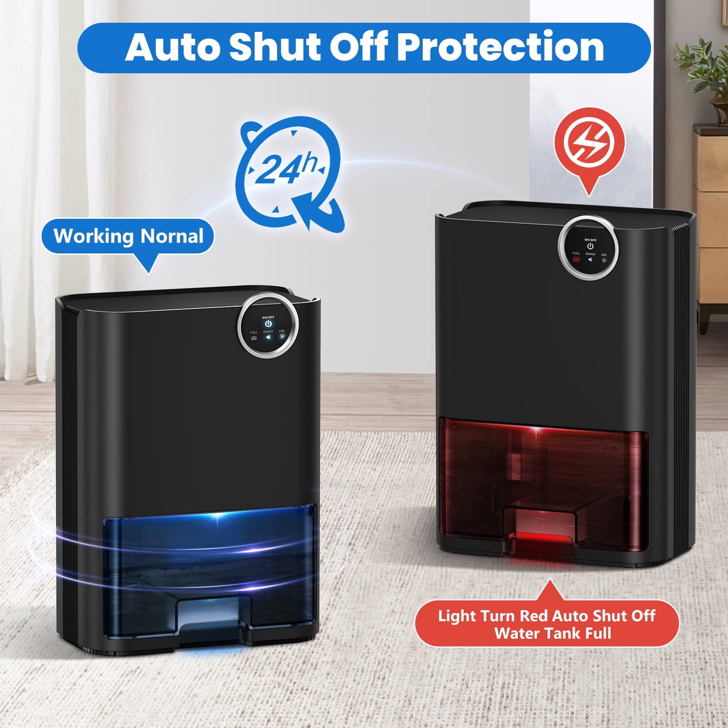 SZRSTH Dehumidifier for Home, 70 OZ Water Tank (500 sq ft) Auto Shut off Small Dehumidifiers for Bedroom Bathroom with 5 Colors LED Lights, Black