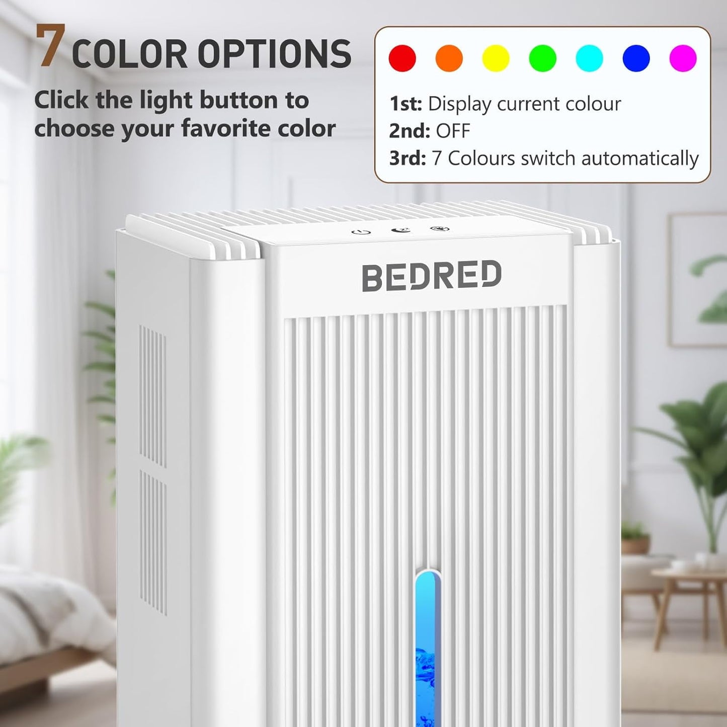 Dehumidifier, suitable for a 1000-square-foot home - quiet, automatic off, 7-color comfortable ambient light