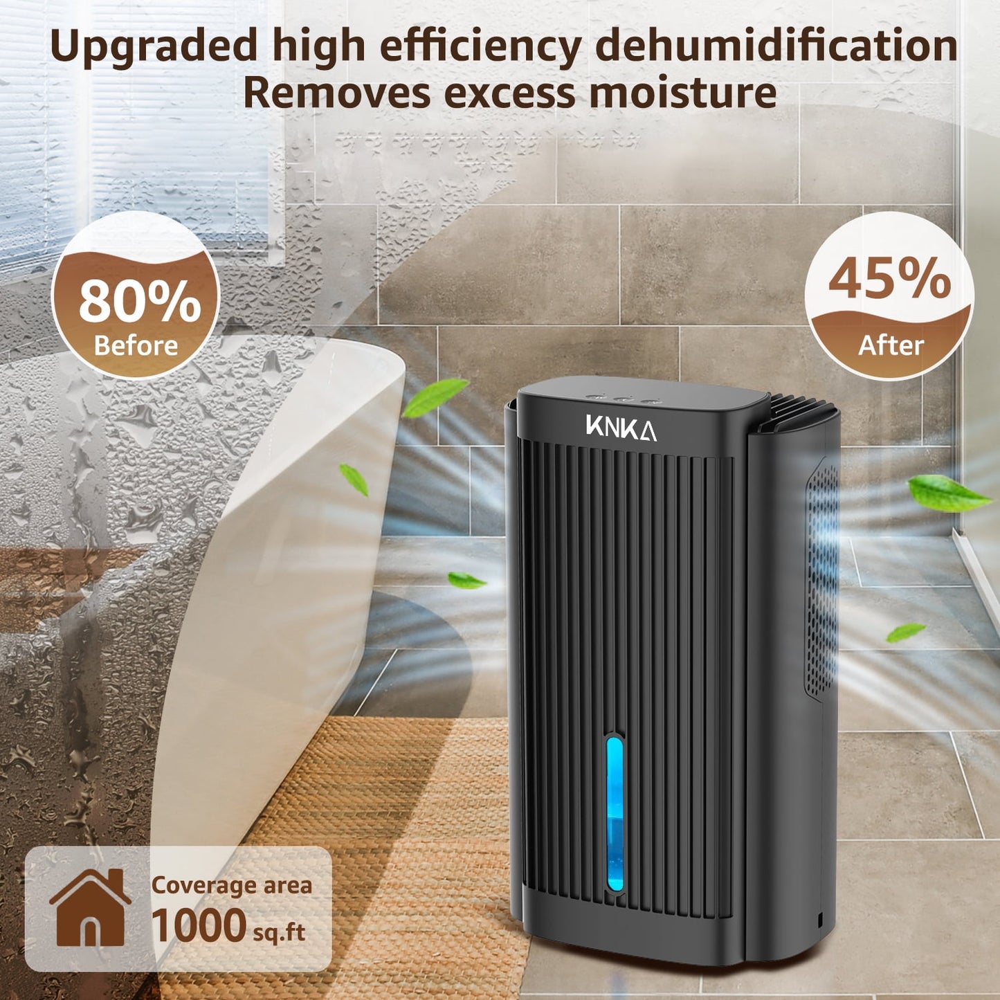 KNKA 2 Pints/Day Dehumidifier for Home - Covers 1000 Sq. ft with Auto Shutoff, 95 oz Tank & 7-Color Night Light - Ideal for Bedroom, Basement, Bathroom, RV (Small & Quiet)