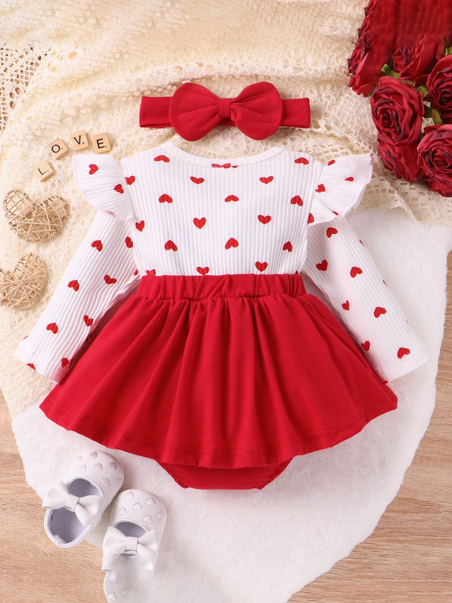 Bslissey 3M 6M 9M 12M 18M Baby Girls Valentine's Day Romper Dress Heart Letter Print Ruffles Long Sleeve Patchwork Jumpsuit with Headband for Newborn Infant Clothes