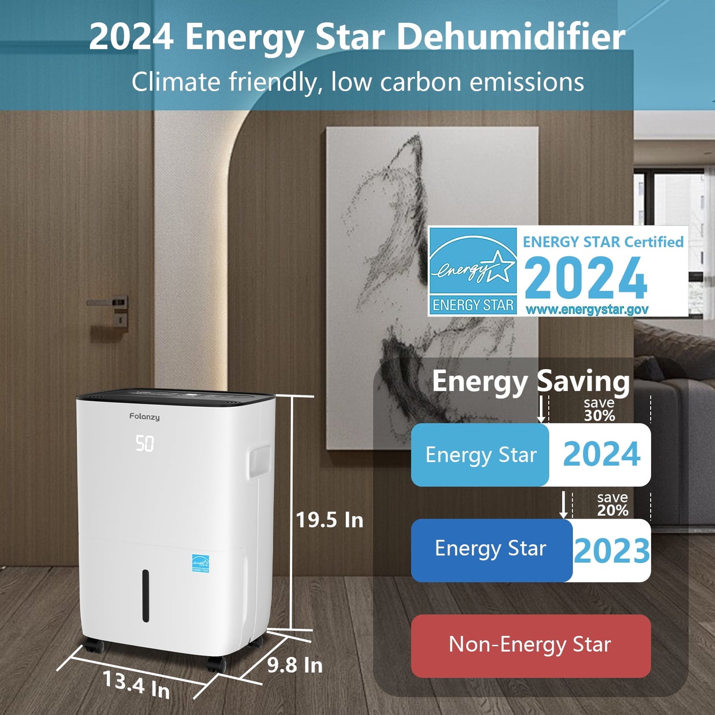 Folanzy 80 Pints Smart ENERGY STAR Dehumidifier for Home Basement Large Room Spaces up to 5,200 Sq. Ft with Drain Hose and Water Tank