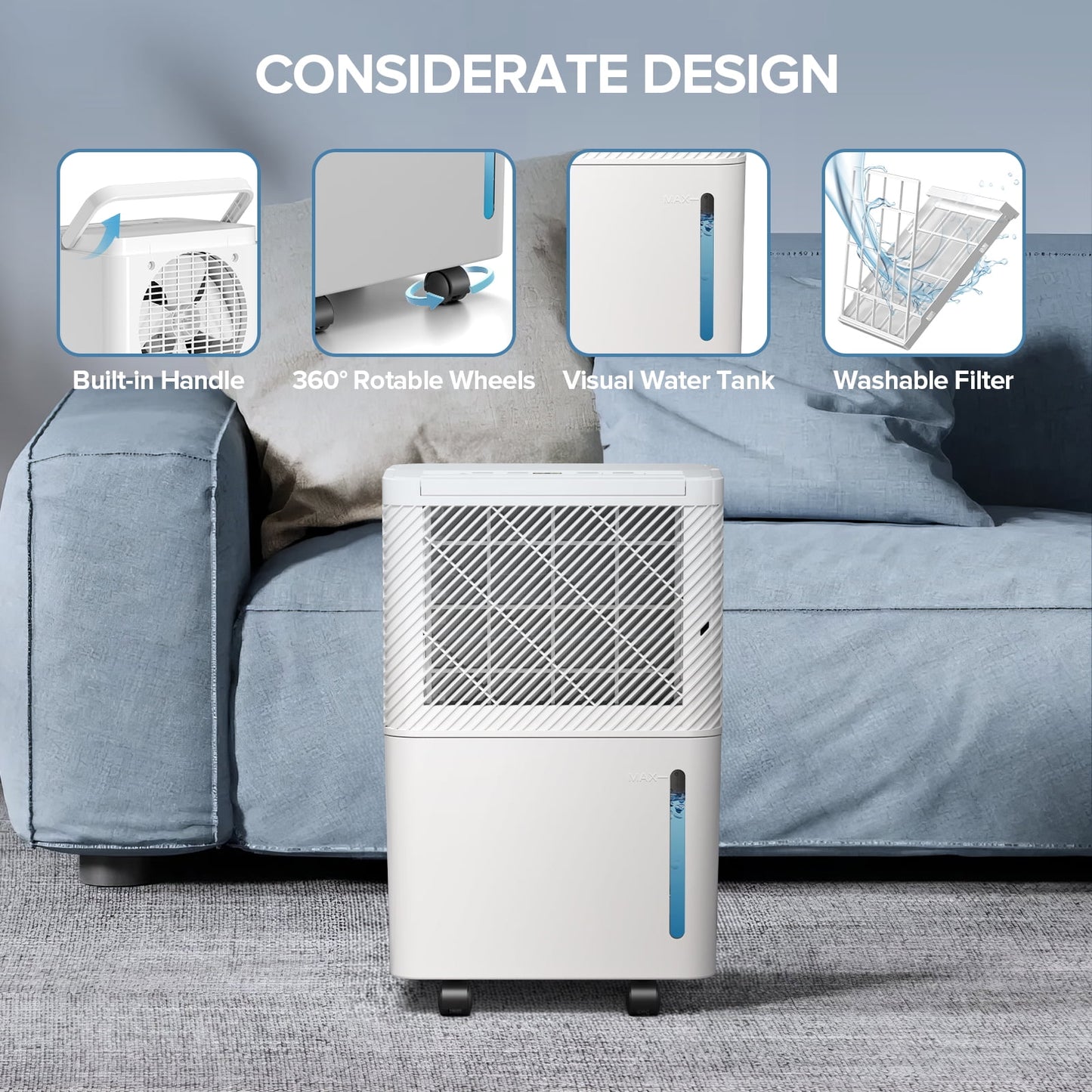 KISSAIR 8 Pint (DOE) Dehumidifier, Max 1000 Sq.ft Coverage Area with Auto Defrost & Drain, 24H Timer, 0.55 gal Water Tank for Basement/Bathroom/Home