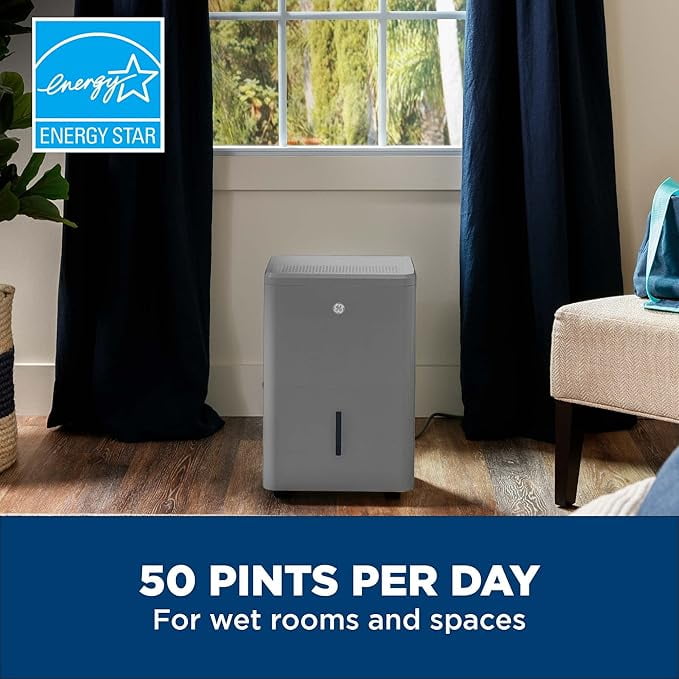 GE 50 pt. Dehumidifier for Wet Rooms up to 1500 sq. ft. with Built-in Pump in Grey, ENERGY STAR