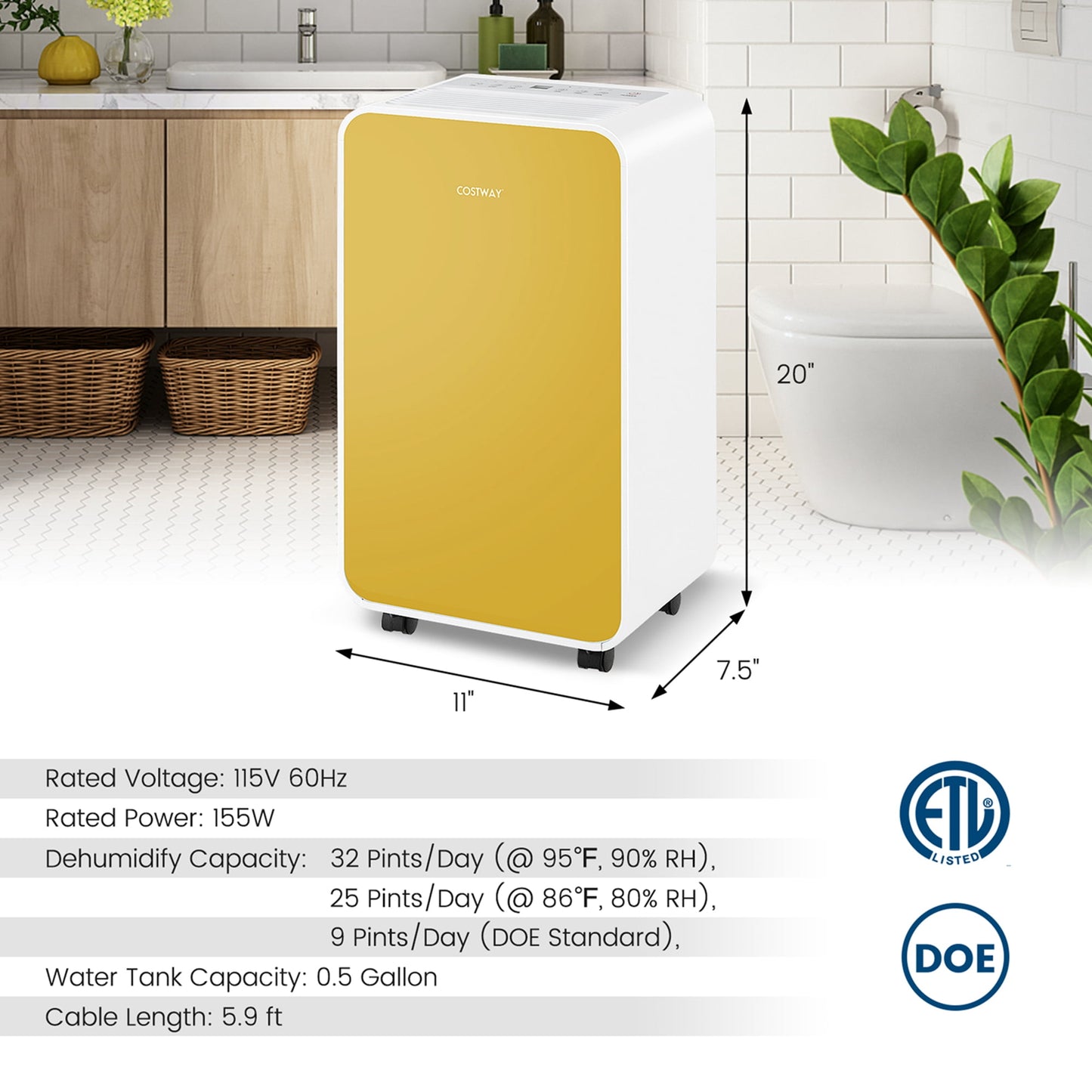 Costway 32 pt 2500 sq ft Dehumidifier in Yellow - Portable