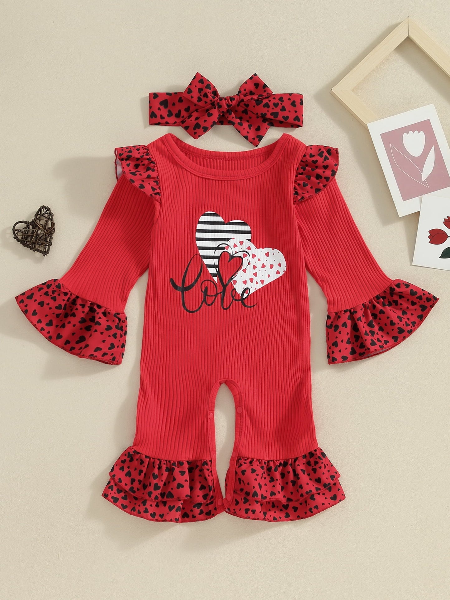 Suealasg Baby Girls Valentine’s Day Jumpsuit 3M 6M 9M 12M 18M Toddler Girls Spring One Piece Bodysuits Infant Girls Long Sleeve Round Neck Heart Print Romper Headband