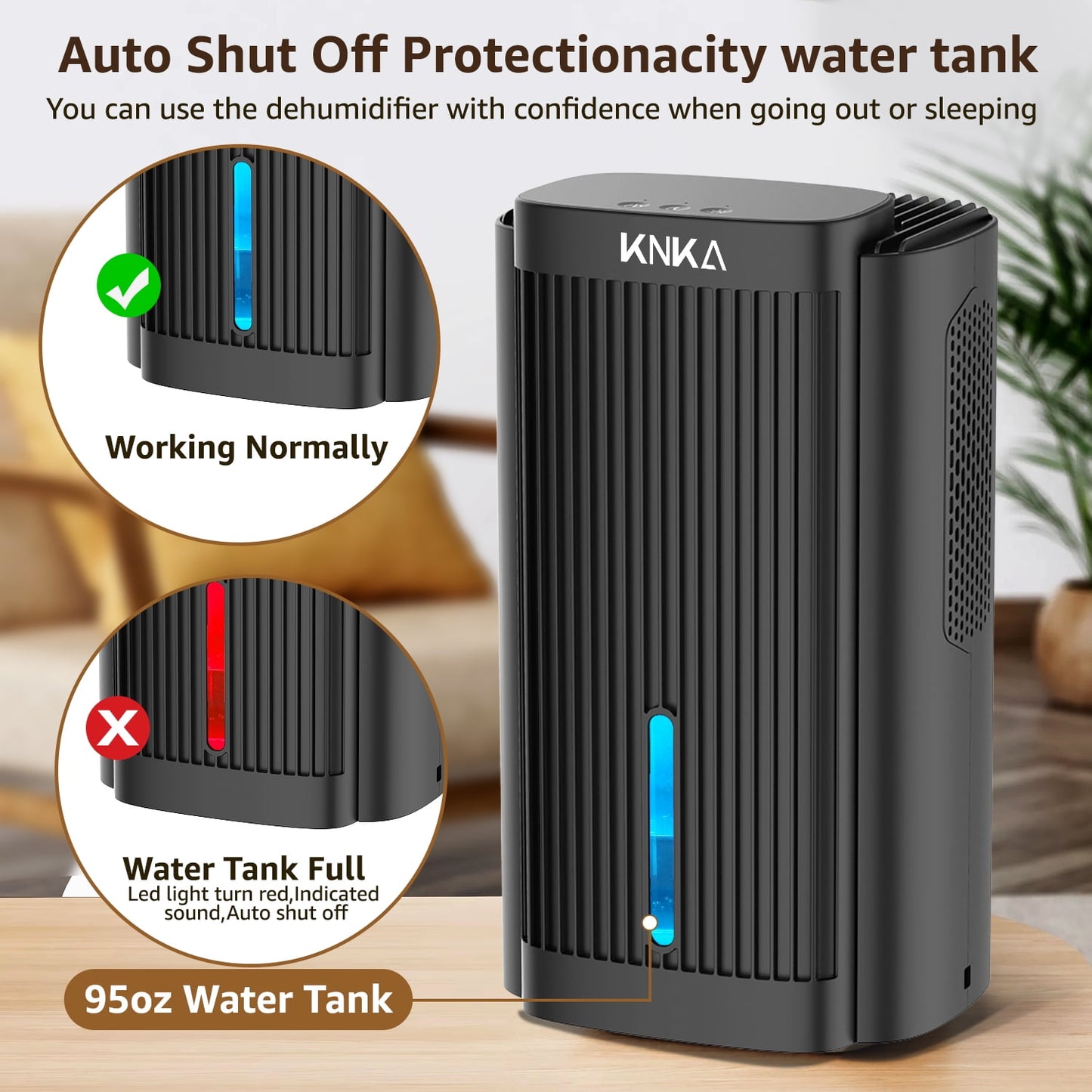 KNKA 2 Pints/Day Dehumidifier for Home - Covers 1000 Sq. ft with Auto Shutoff, 95 oz Tank & 7-Color Night Light - Ideal for Bedroom, Basement, Bathroom, RV (Small & Quiet)