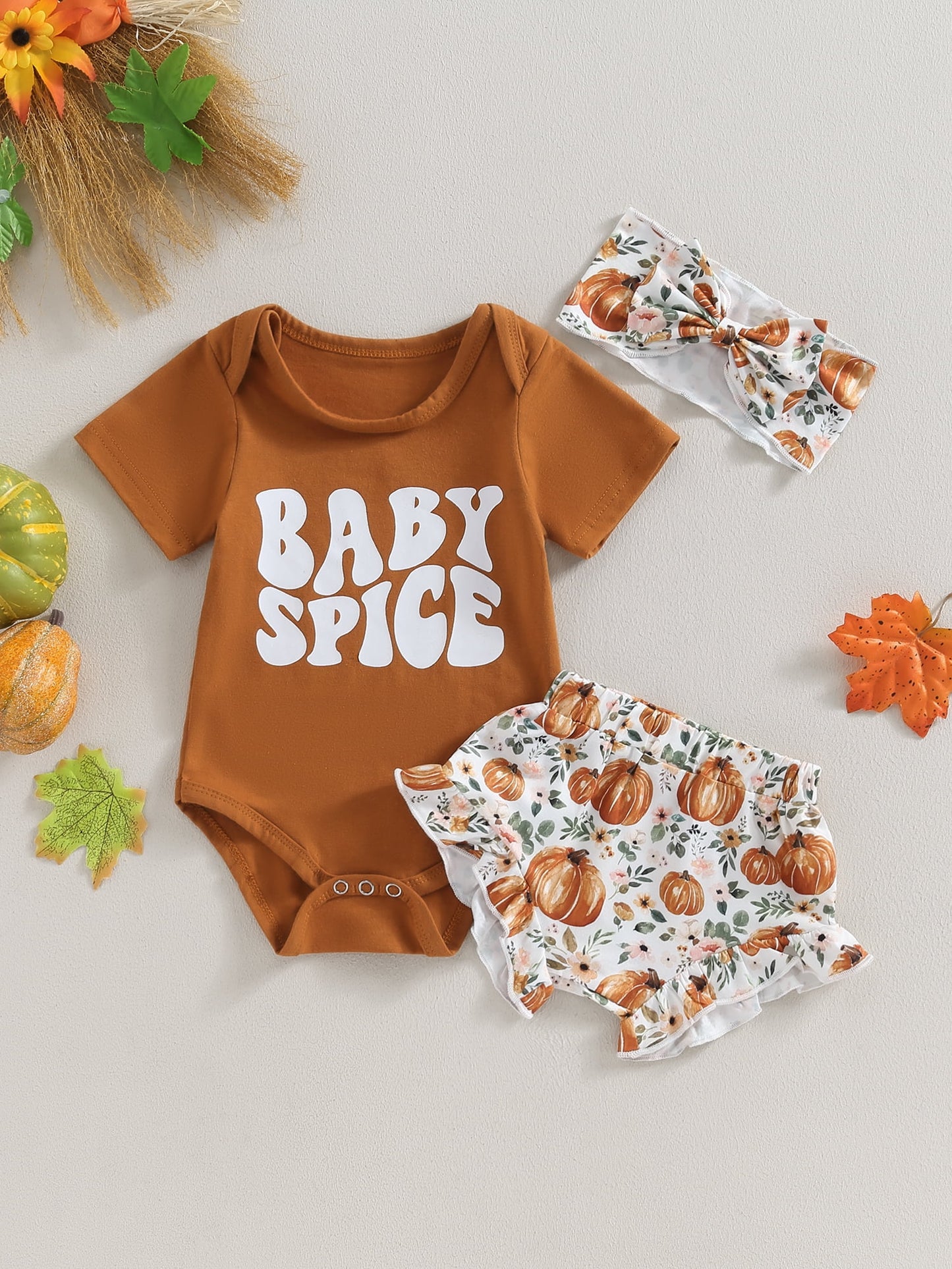 Canis 3-Piece Halloween Outfit for Baby Girls: Romper, Pumpkin Shorts, and Headband