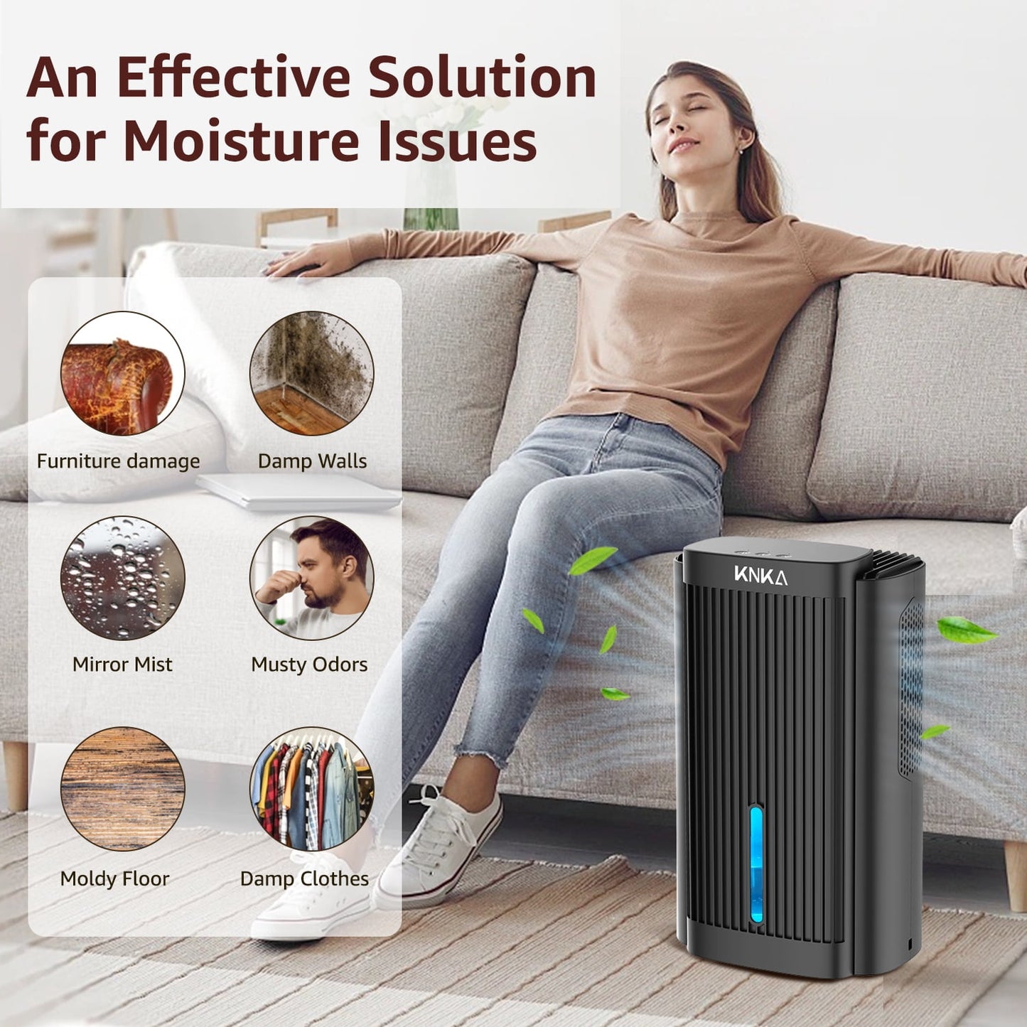 KNKA 2 Pints/Day Dehumidifier for Home - Covers 1000 Sq. ft with Auto Shutoff, 95 oz Tank & 7-Color Night Light - Ideal for Bedroom, Basement, Bathroom, RV (Small & Quiet)