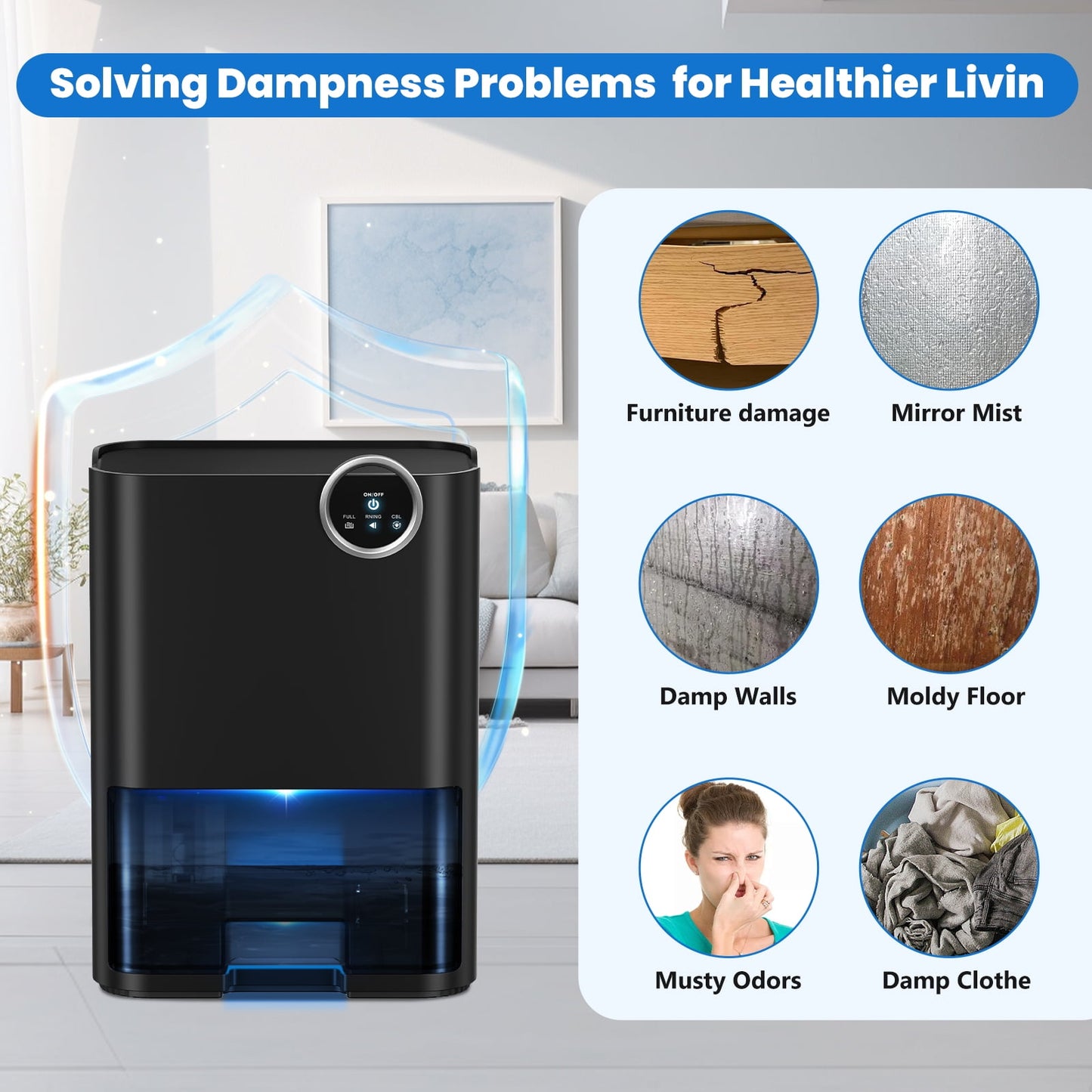 SZRSTH Dehumidifier for Home, 70 OZ Water Tank (500 sq ft) Auto Shut off Small Dehumidifiers for Bedroom Bathroom with 5 Colors LED Lights, Black