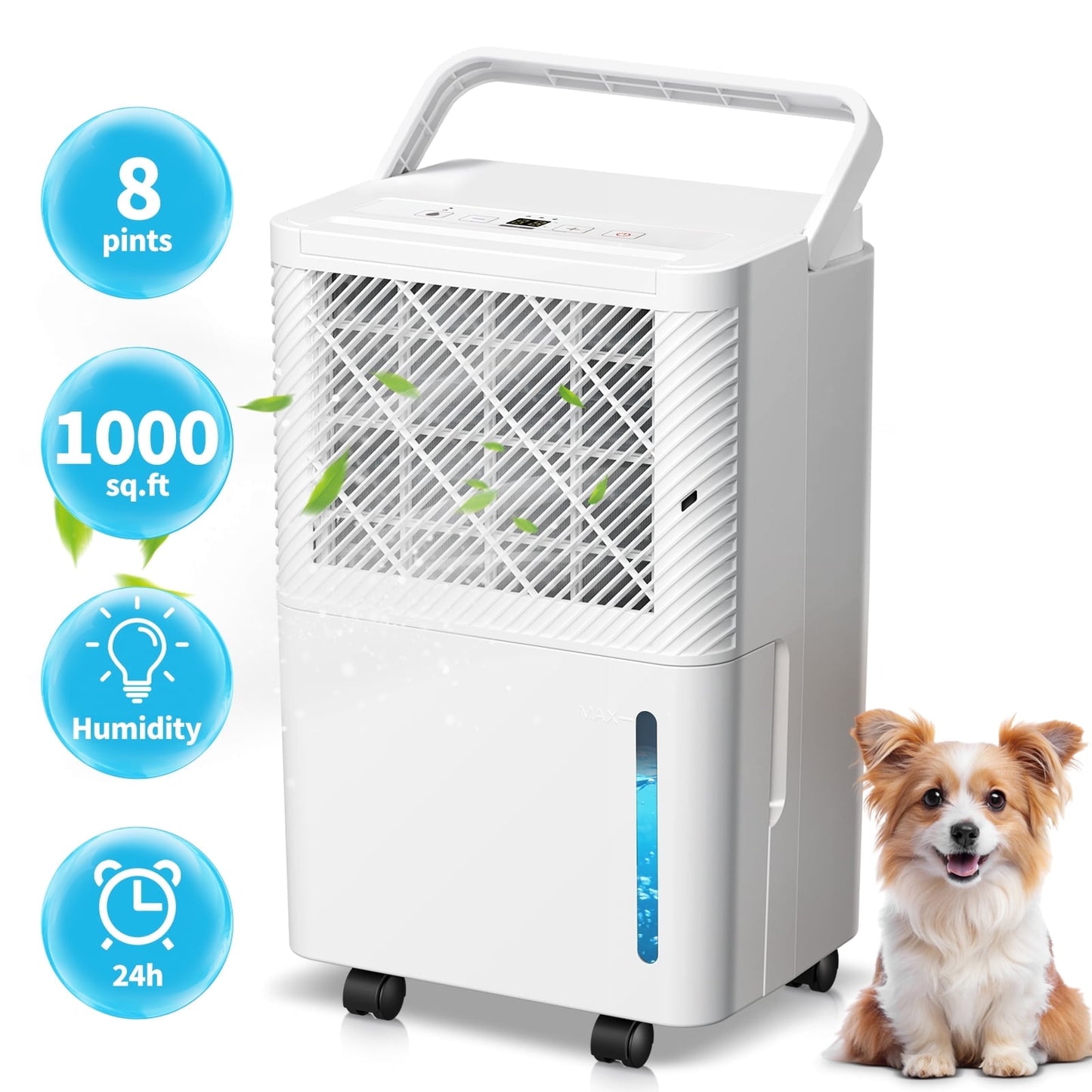 KISSAIR 8 Pints(DOE) Dehumidifier, Max 1000 Sq. Ft Coverage Area with 0.55 gal Water Tank, 24H Timer, Auto Defrost & Drain, Portable Dehumidifier, Basement, Bathroom, Laundry Room