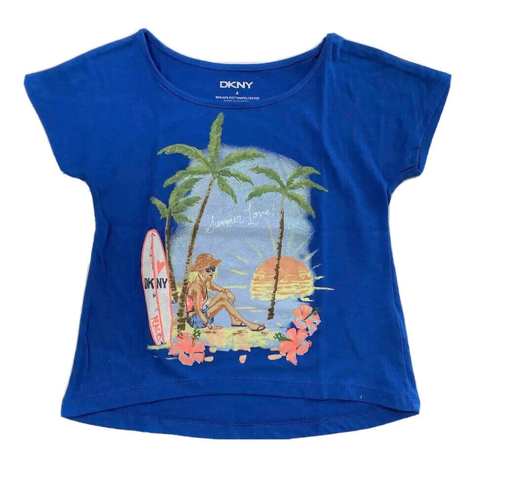 DKNY GIRLS TOP - SUMMER LOVE SZ 4 BLUE ELECTRIC- SHIRT SHORT SLEEVE PRINTED KIDS