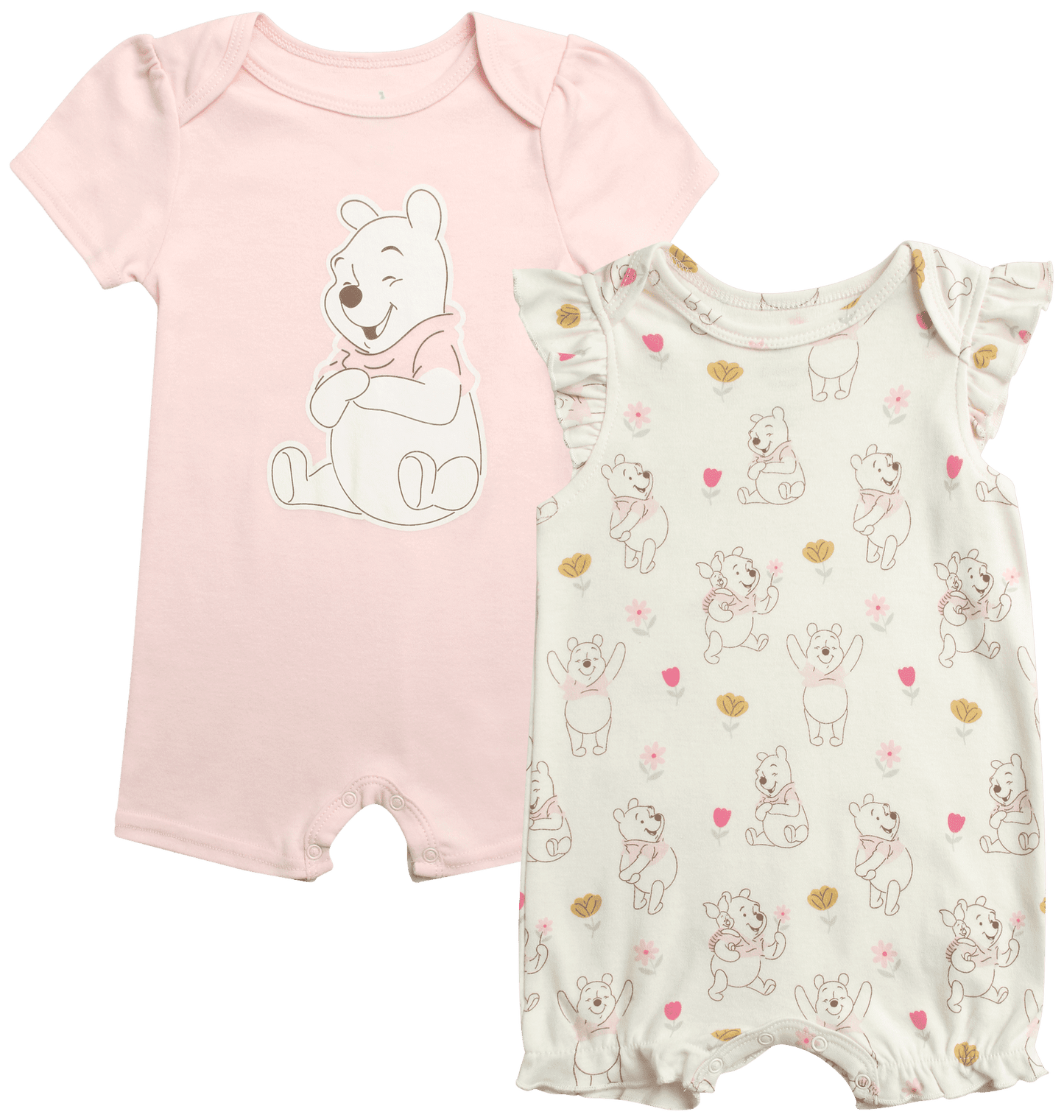 Disney Baby Girls Romper - 2 Pack Minnie Mouse Pooh Little Mermaid Short Sleeve Bodysuit (Newborn/Infant)