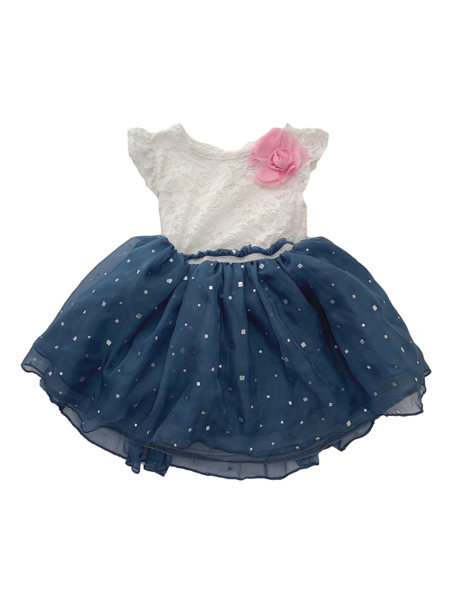 Infant Baby Girls Blue Sparkle & White Lace Pink Flower Dress 2T