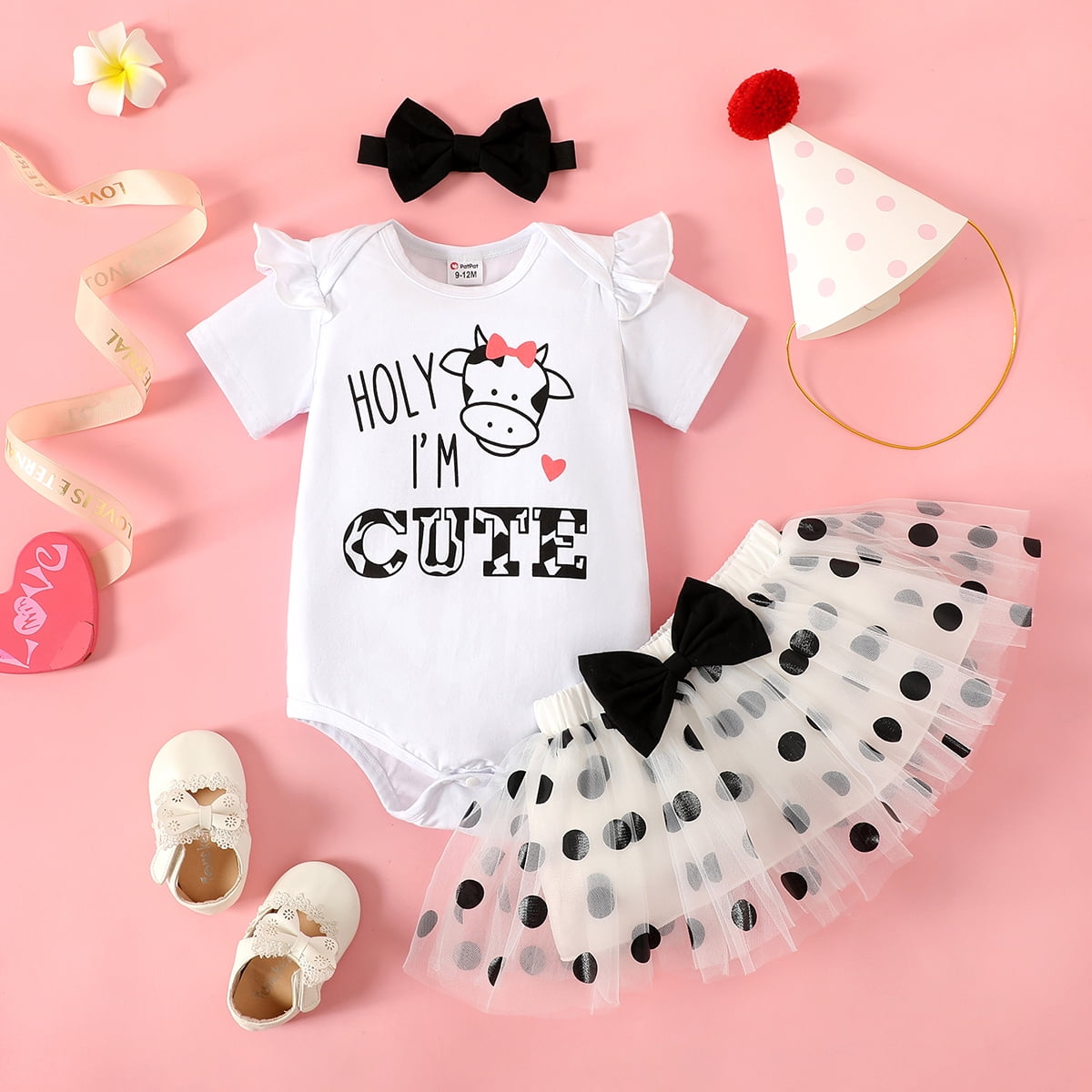PatPat 3pcs Baby Girl Ladybug Long Sleeve Romper and Bowknot Trousers Set,Fall Clothes Newborn Outfit,0-18 Month