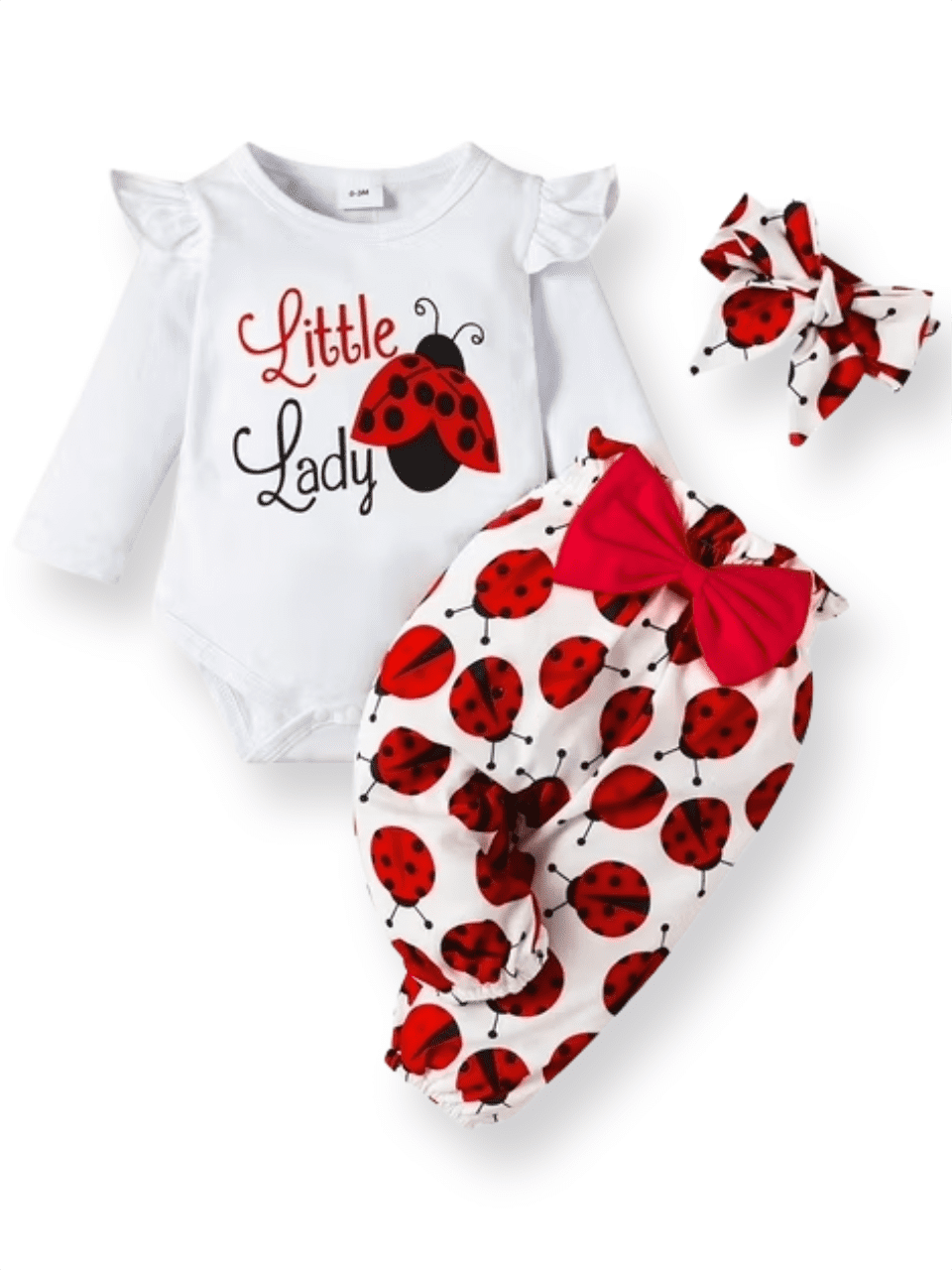 PatPat 3pcs Baby Girl Ladybug Long Sleeve Romper and Bowknot Trousers Set,Fall Clothes Newborn Outfit,0-18 Month