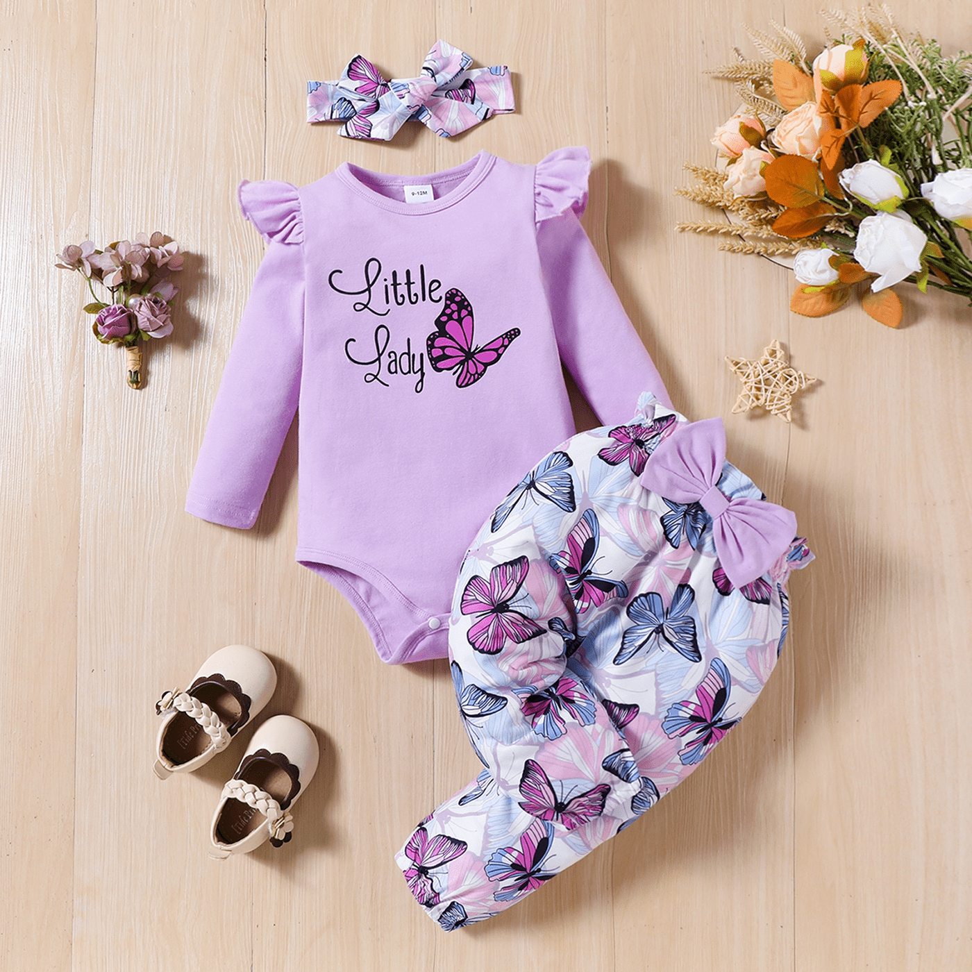 PatPat 3pcs Baby Girl Ladybug Long Sleeve Romper and Bowknot Trousers Set,Fall Clothes Newborn Outfit,0-18 Month