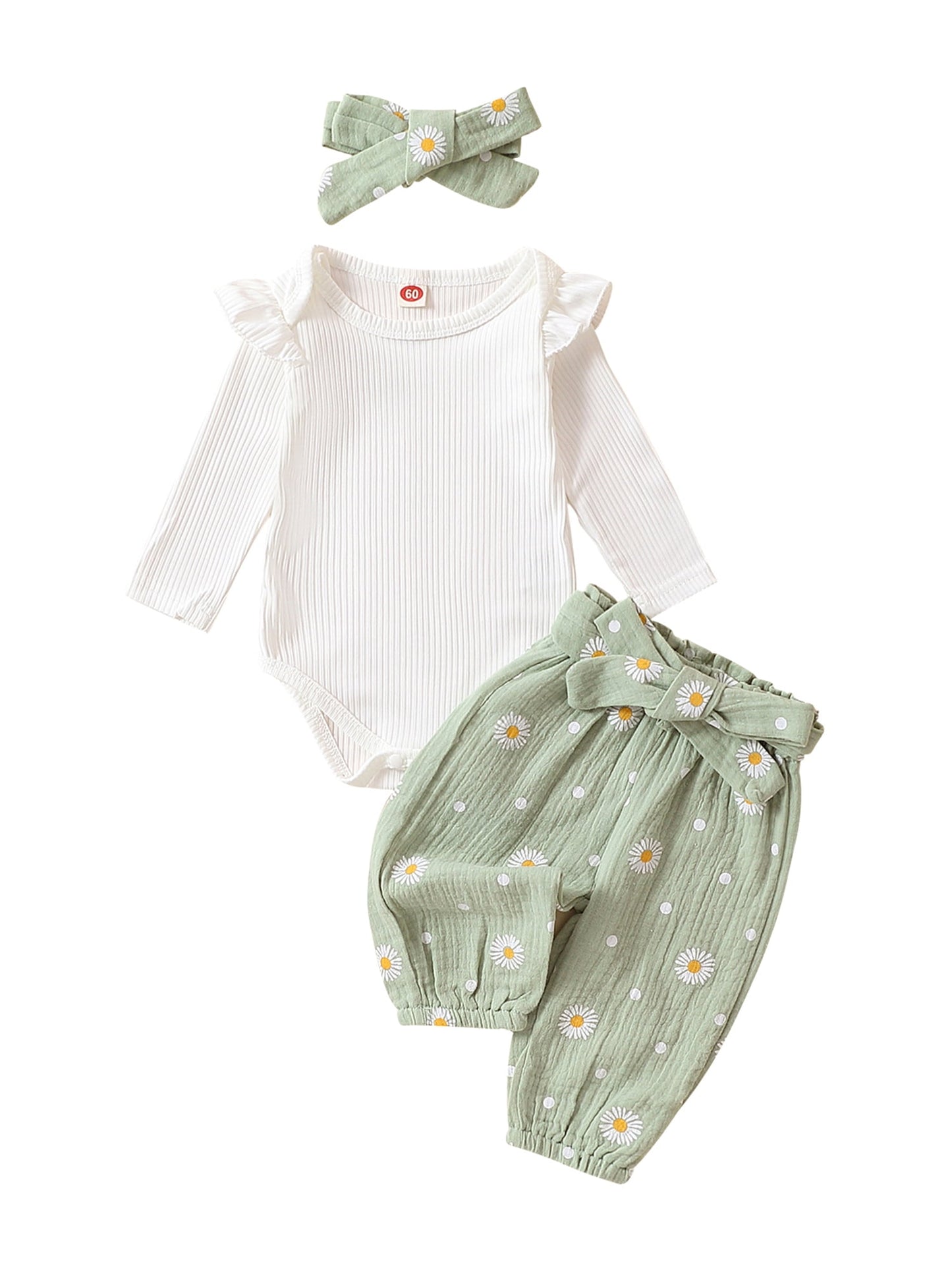 Qtinghua Newborn Baby Girls Fall Clothes Long Sleeve Ruffle Romper Daisy Print Belted Pants Headband Set Apricot 0-3 Months