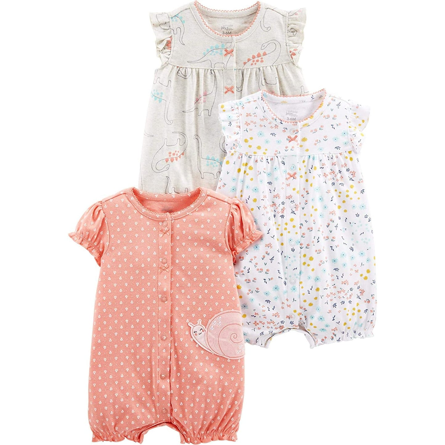 Simple Joys by Carter's Girls' 3-Pack Snap-up Rompers, dino/floral/Snail, 12 Months
