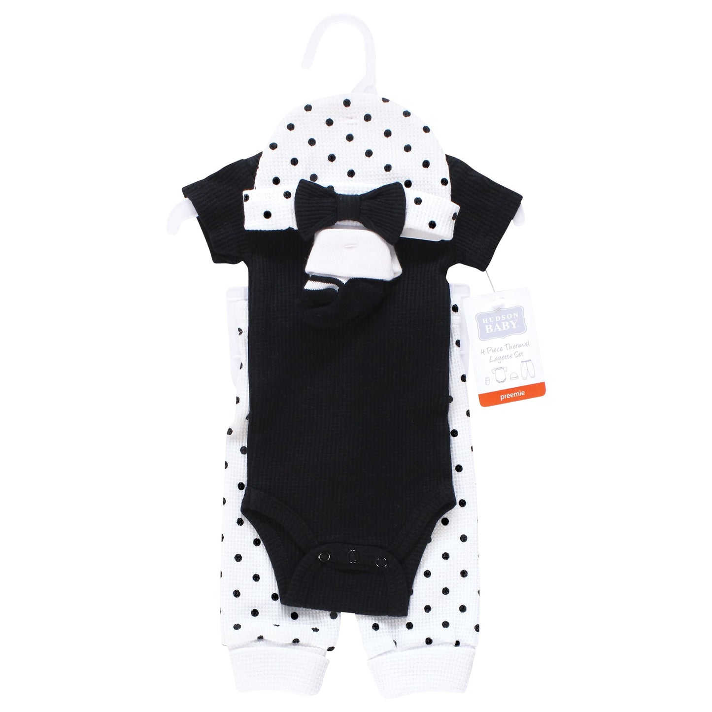 Hudson Baby Girls Thermal Preemie Layette Set 4pc Short Sleeve Outfit, Black White Dots, Preemie