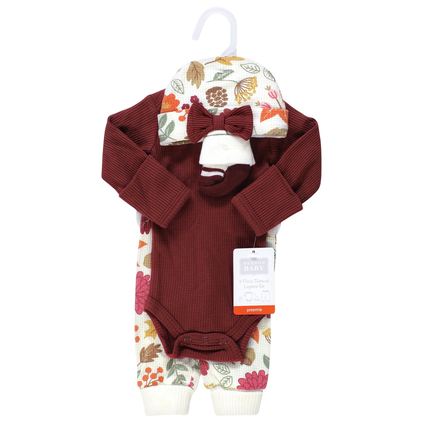 Hudson Baby Girls Thermal Preemie Layette Set 4pc Long Sleeve Outfit, Acorn Botanical, Preemie