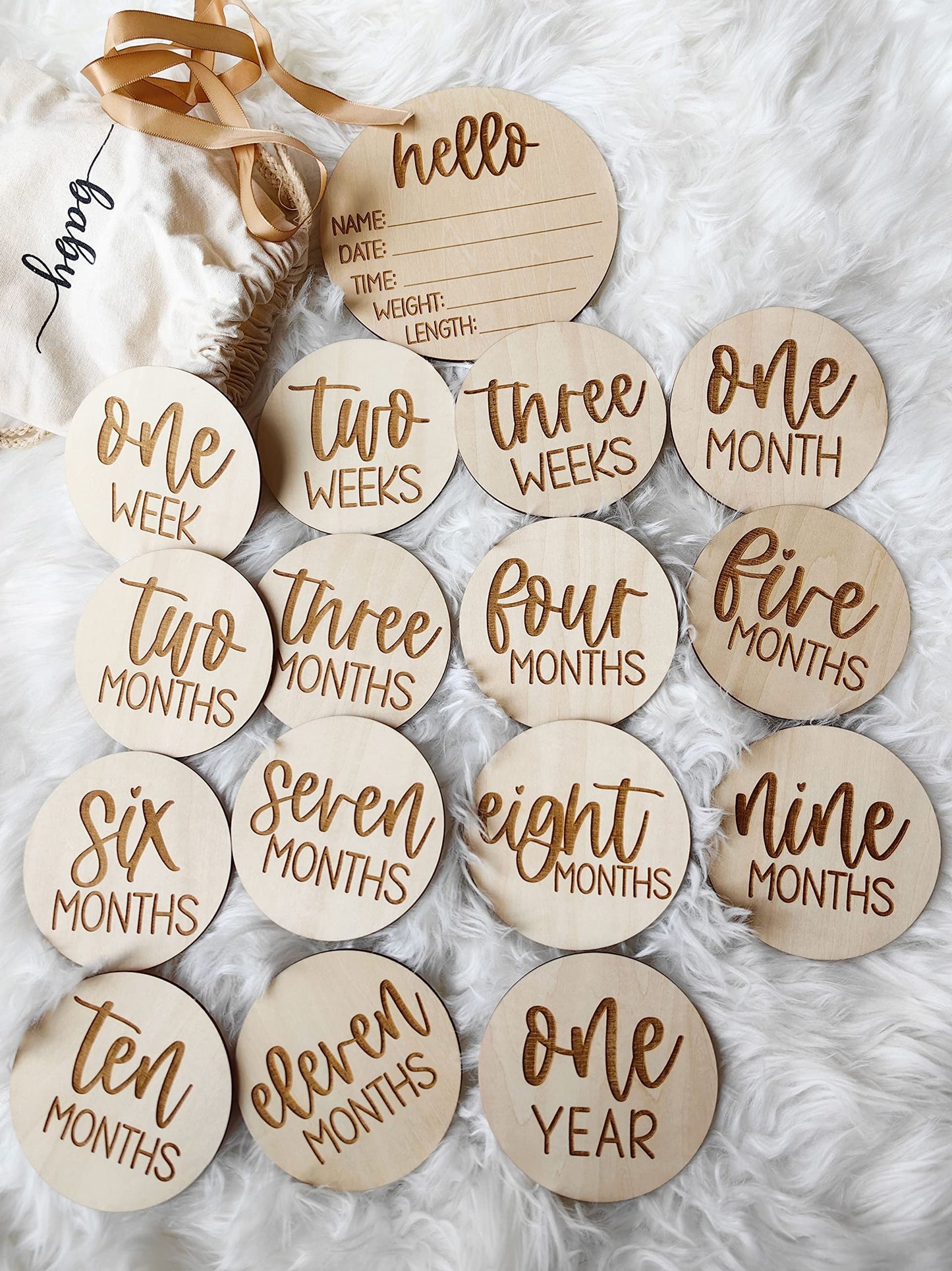 Monthly Baby Milestone Cards 16 Wooden Milestone Discs Includes Birth Announcement Sign Baby Shower/Gift Set, Baby Monthly Milestone Props Perfect for Newborn to Age 1 | Baby Shower/Gift Set