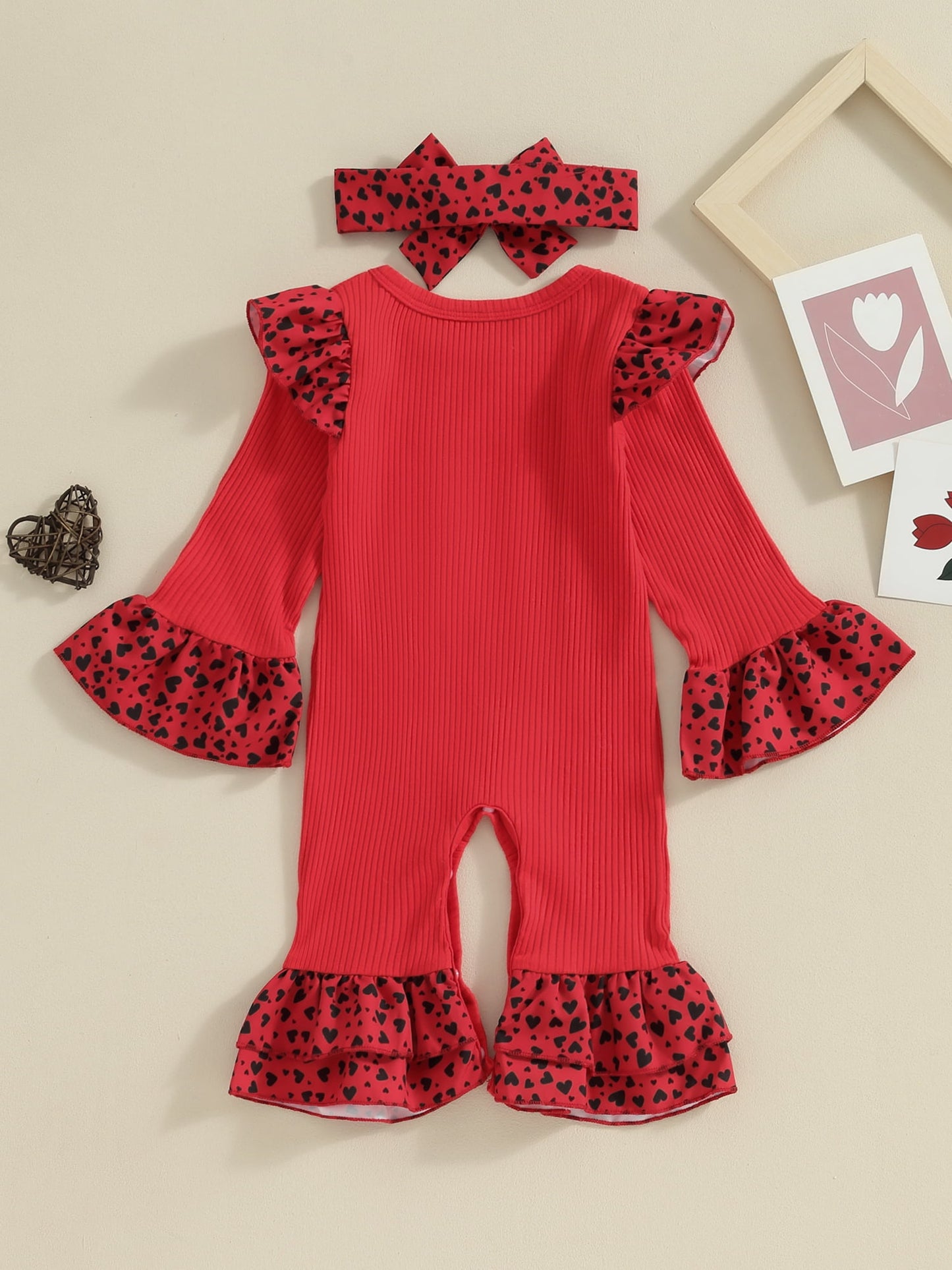 Suealasg Baby Girls Valentine’s Day Jumpsuit 3M 6M 9M 12M 18M Toddler Girls Spring One Piece Bodysuits Infant Girls Long Sleeve Round Neck Heart Print Romper Headband