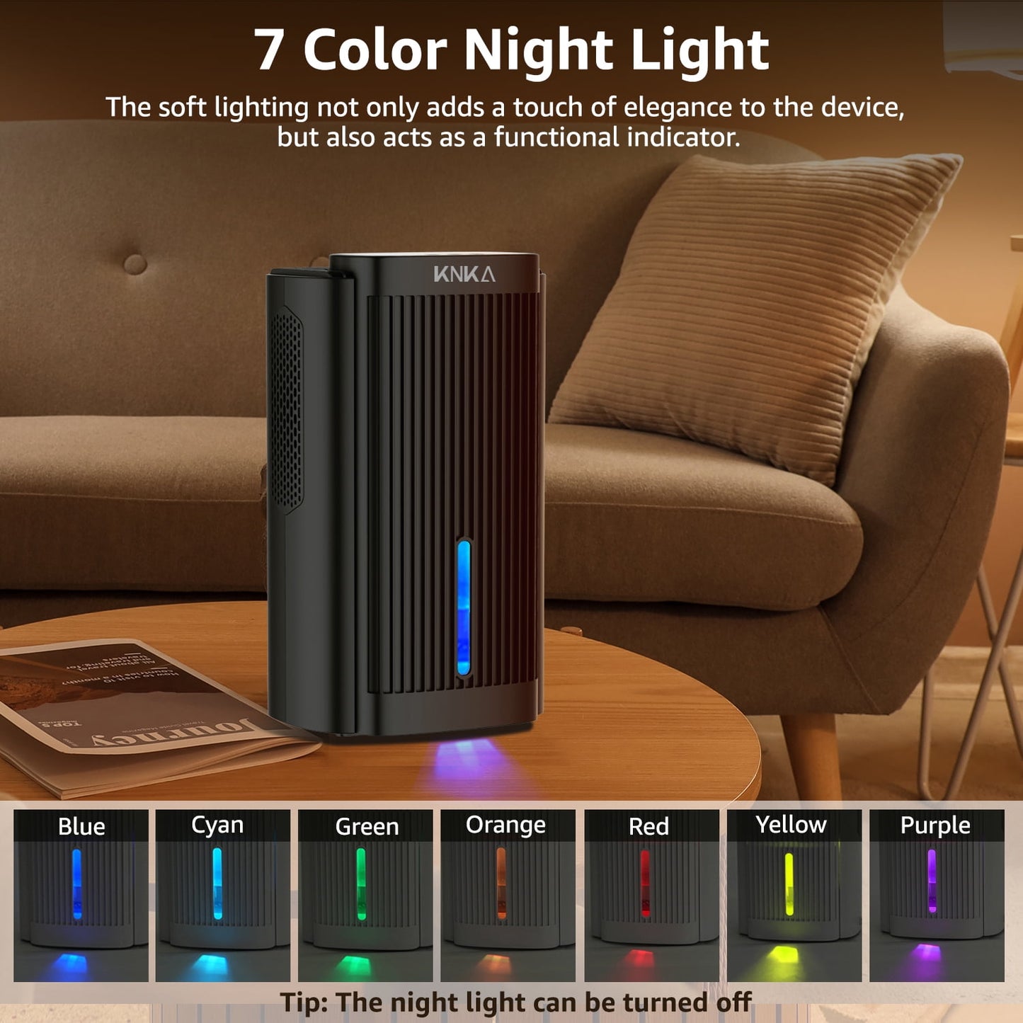 KNKA 2 Pints/Day Dehumidifier for Home - Covers 1000 Sq. ft with Auto Shutoff, 95 oz Tank & 7-Color Night Light - Ideal for Bedroom, Basement, Bathroom, RV (Small & Quiet)