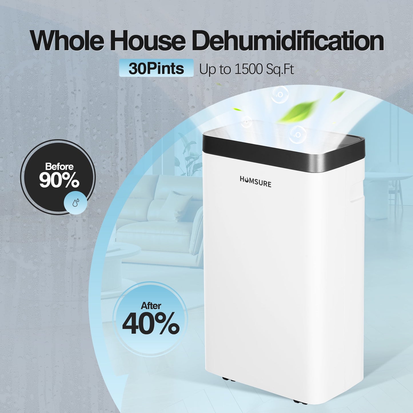 HUMSURE Dehumidifier (DOE Rating 8 pints/day) 30 Pints Max Protable Dehumidifier for Basement and Home with Drain Hose Spaces up to 1500 Sq. ft. 24-Hour Timer